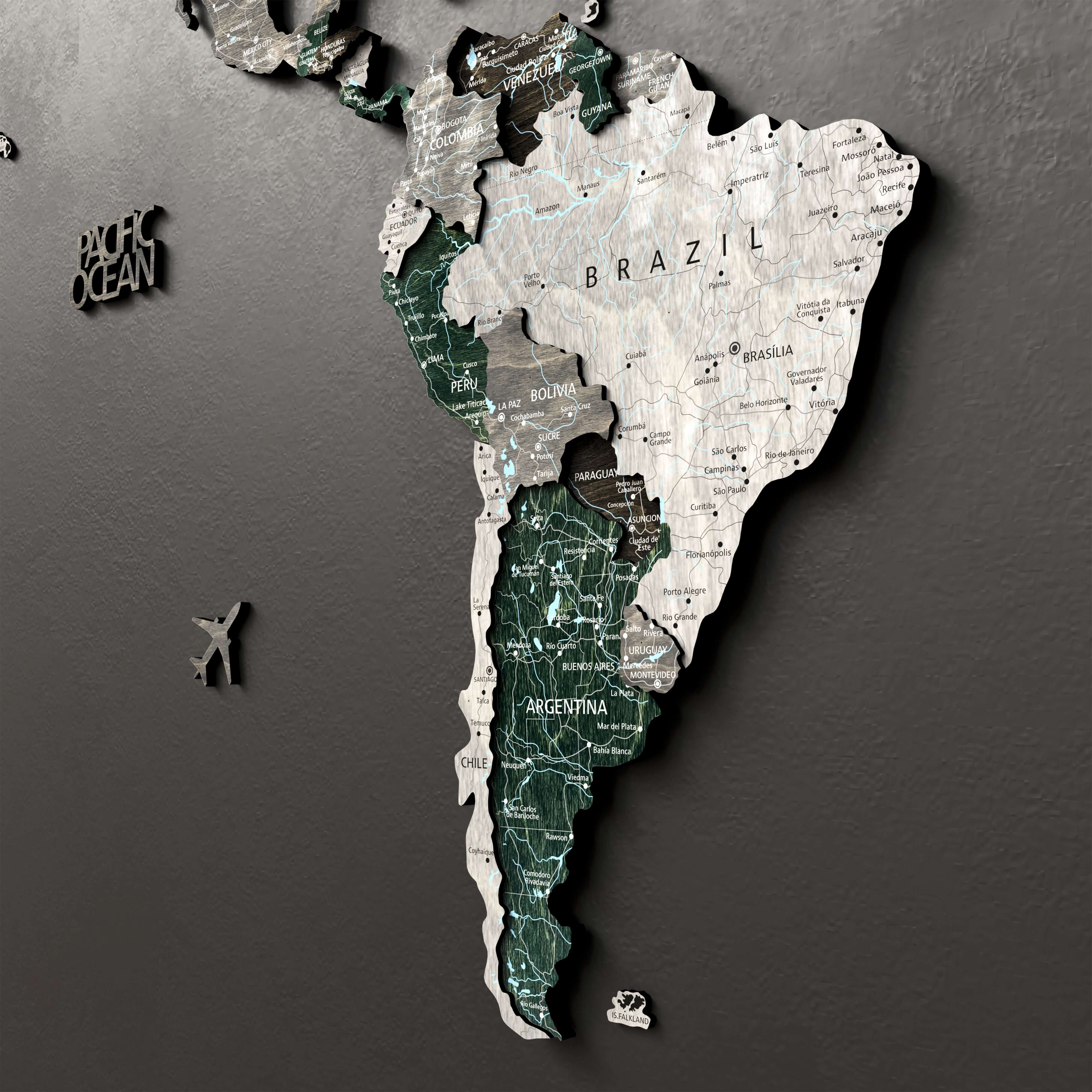 3D wooden map decor of South America featuring Argentina and Brazil, ideal for home decor.
