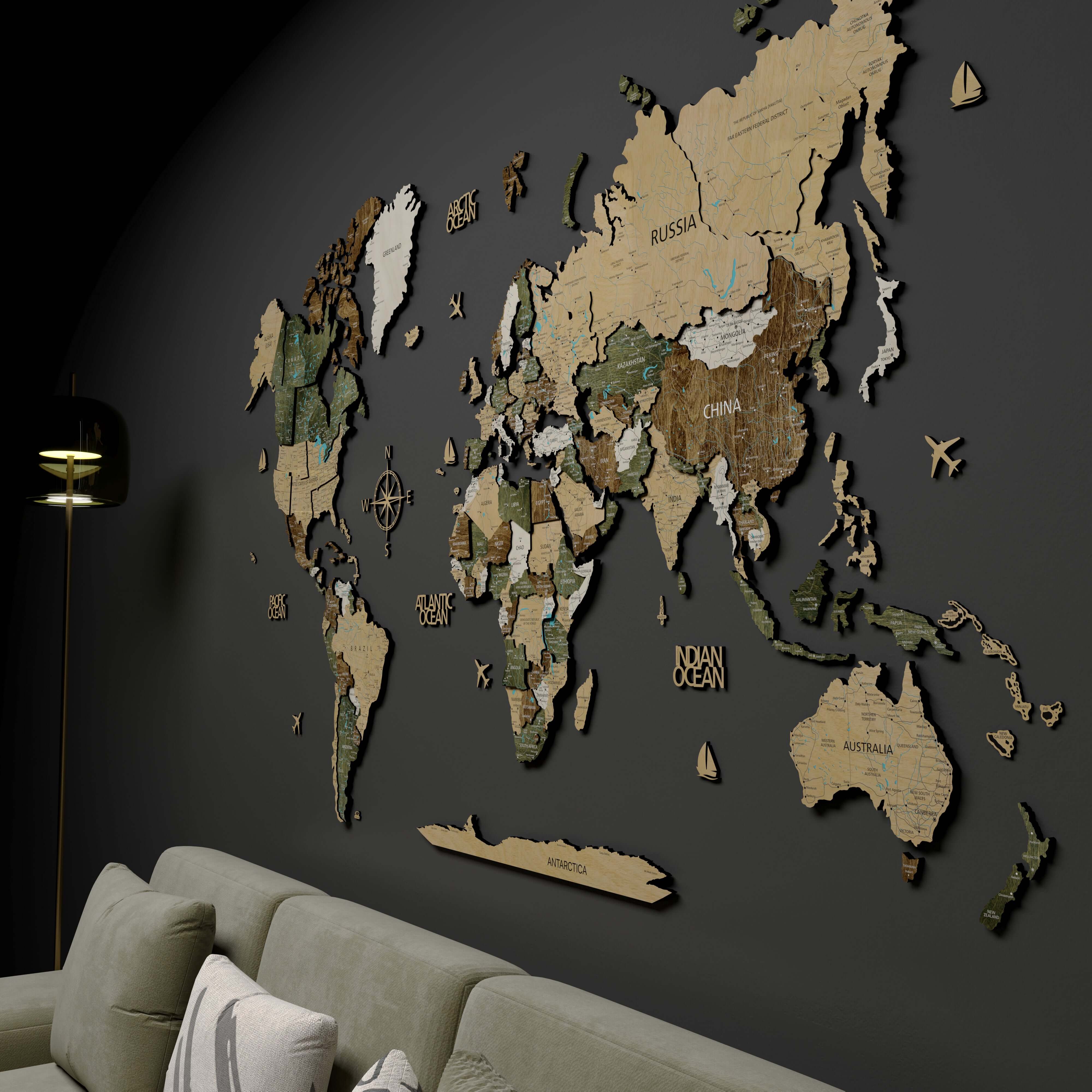 3D Wooden World Map in Scandi style, wall decor showcasing detailed continents and colors, perfect for travel enthusiasts.