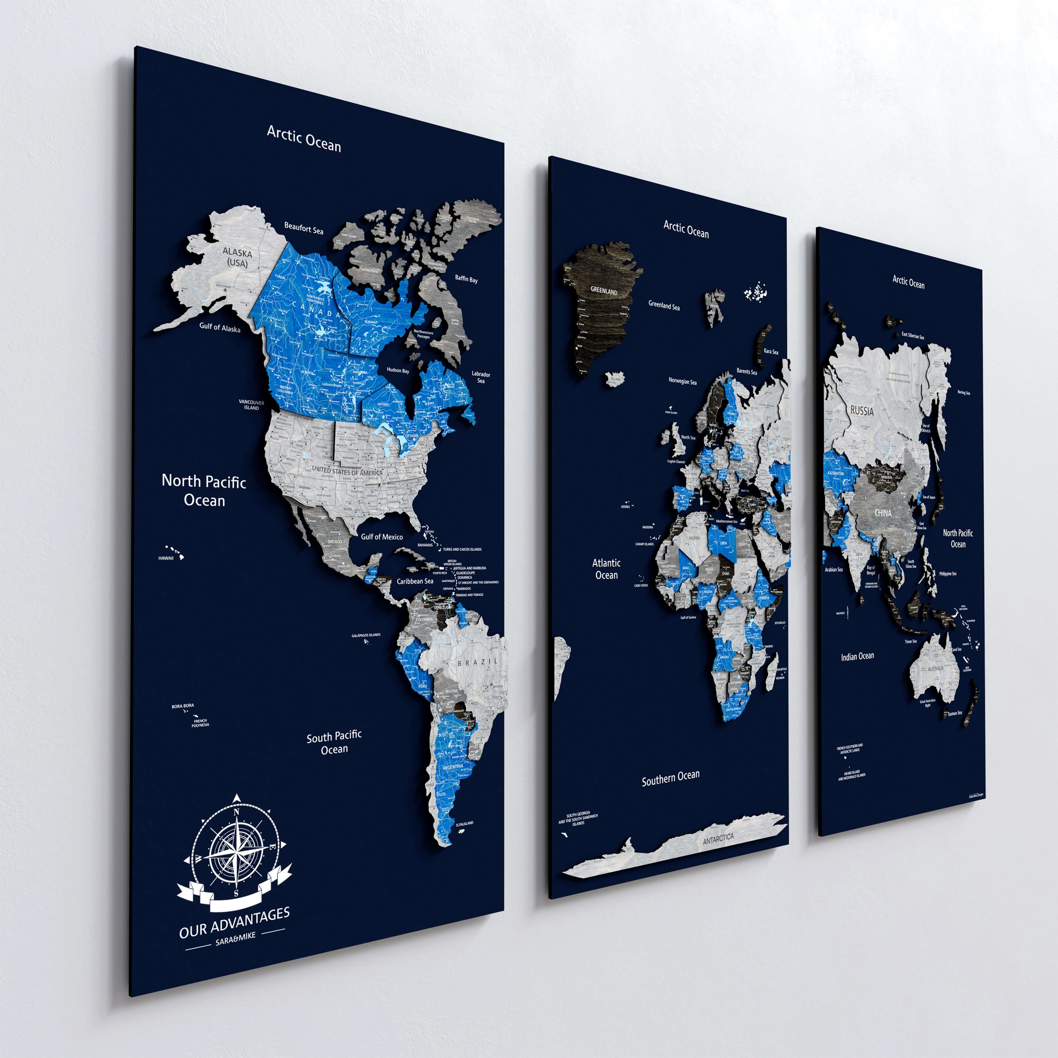 Wood World Map on a Board - Azure
