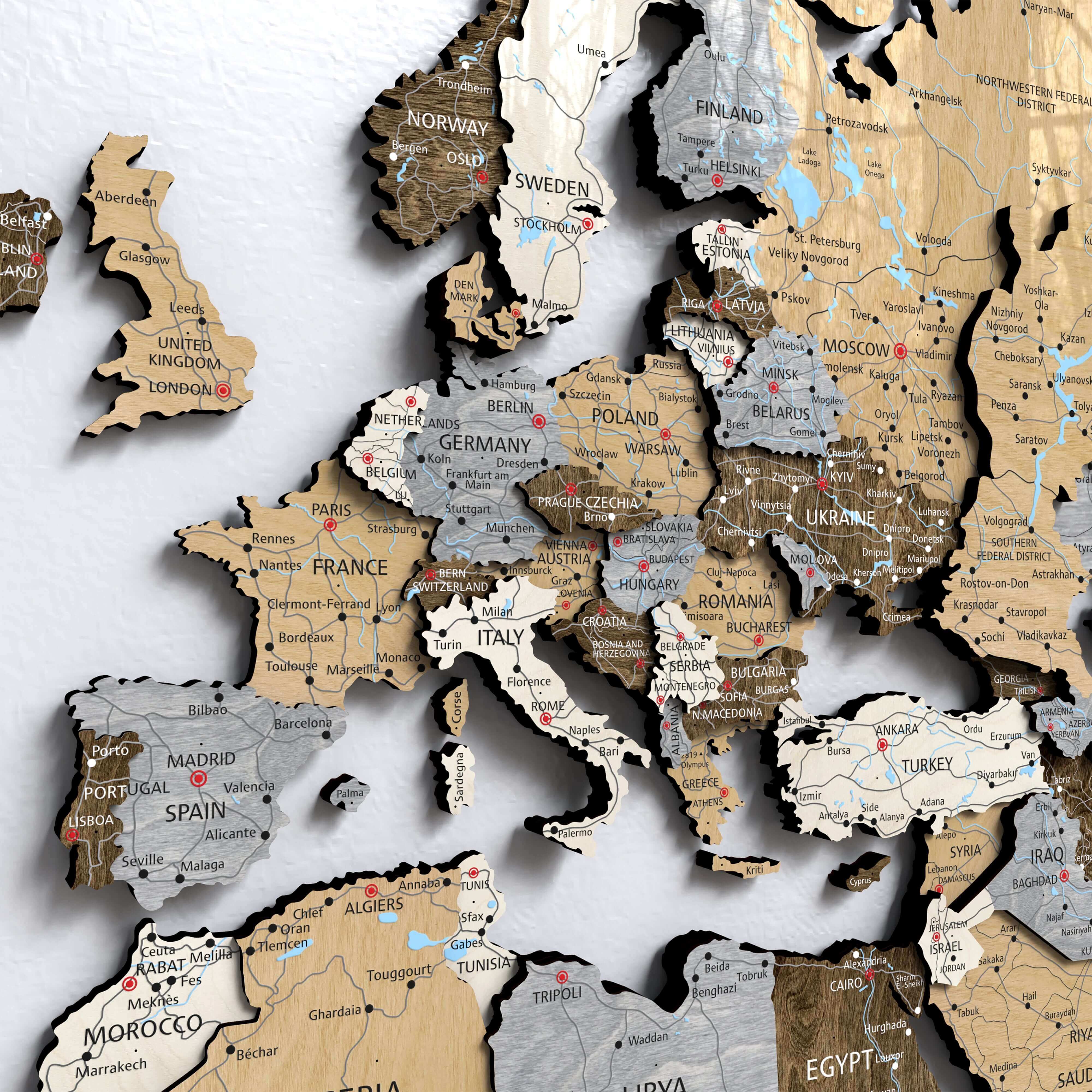 Wood World Map - Light Walnut close-up of detailed European countries and cities.