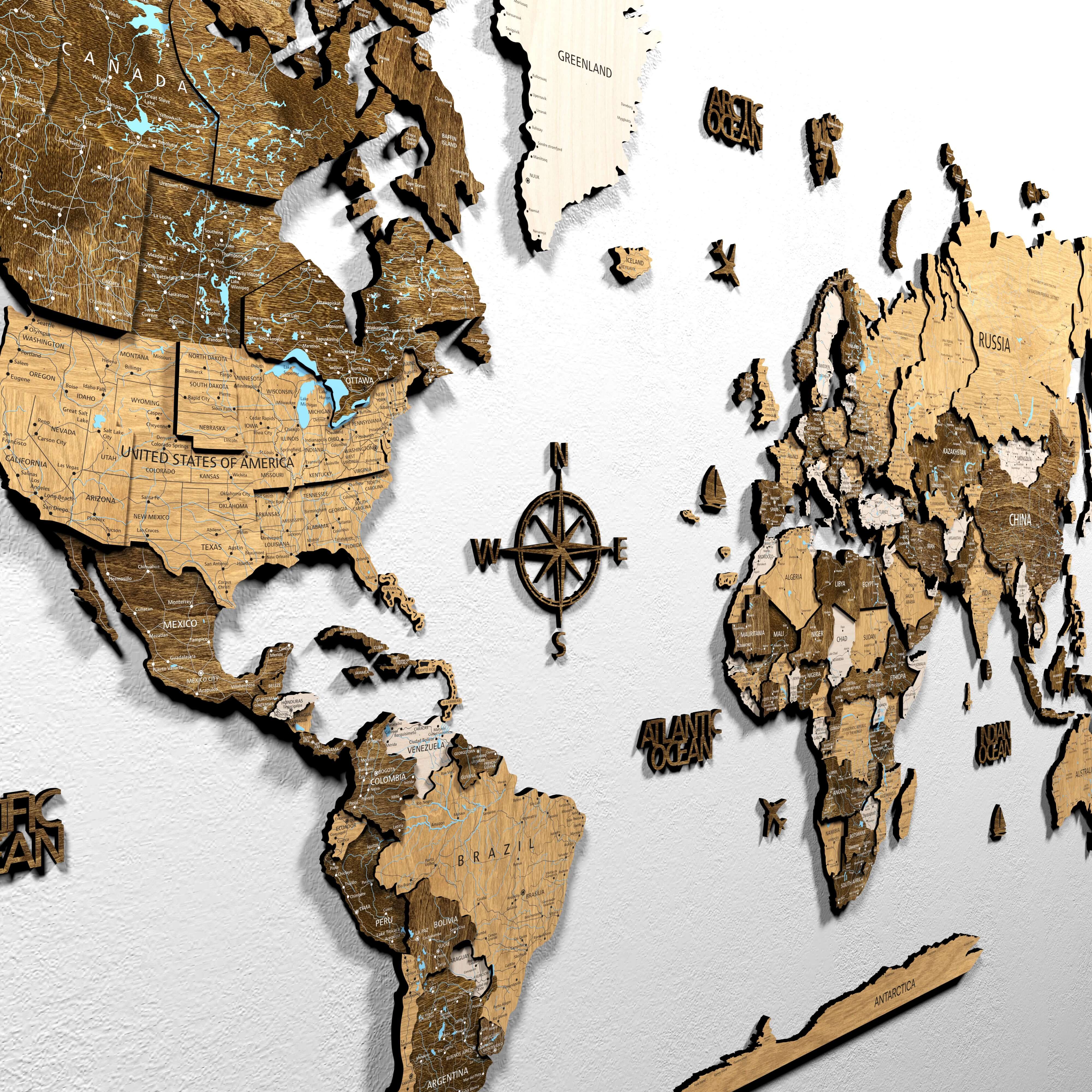 3D Wood world map wall decor showcasing intricate details of continents and countries in oak wood.