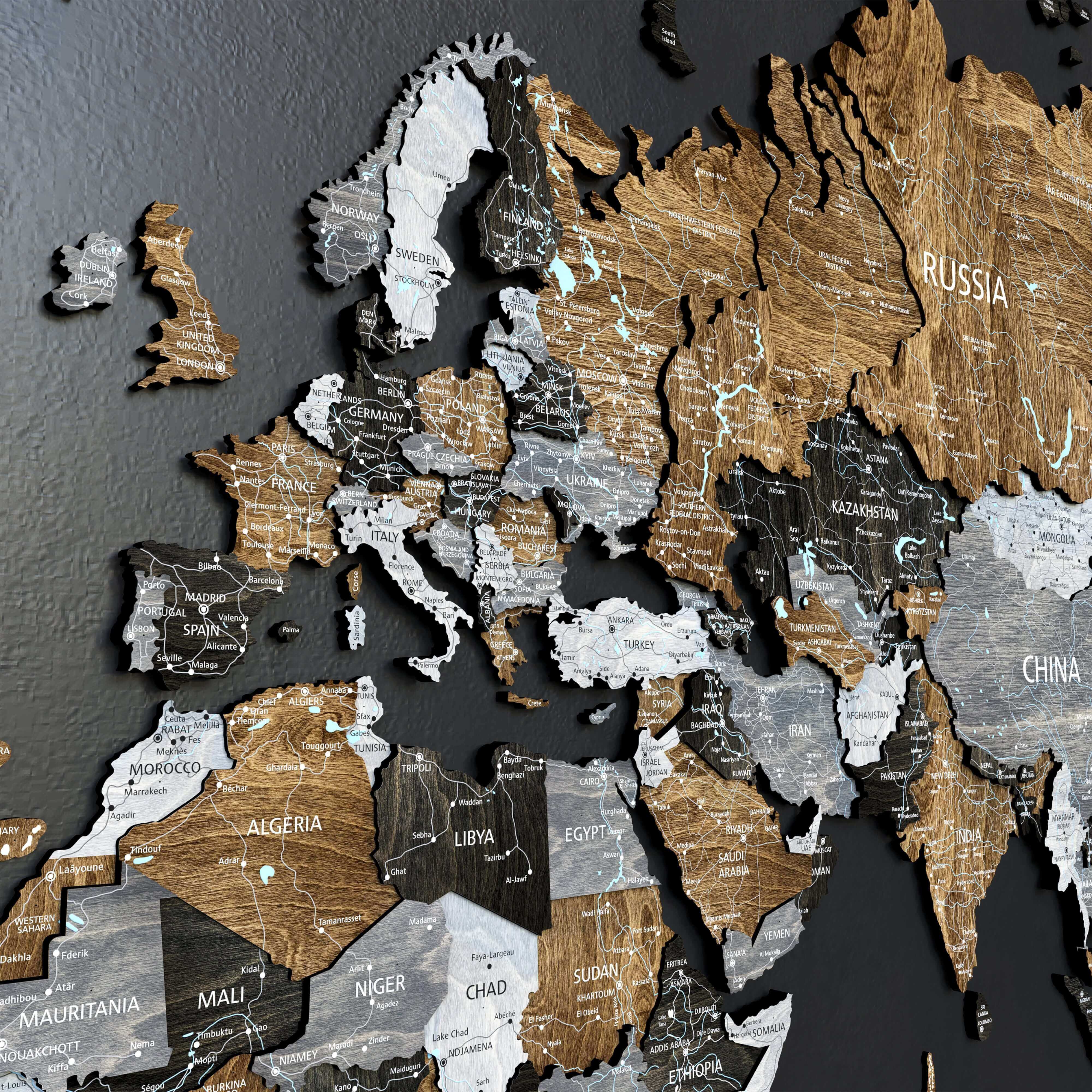 Wood World Map in dark loft style, featuring detailed countries and regions, enhancing wall decor.
