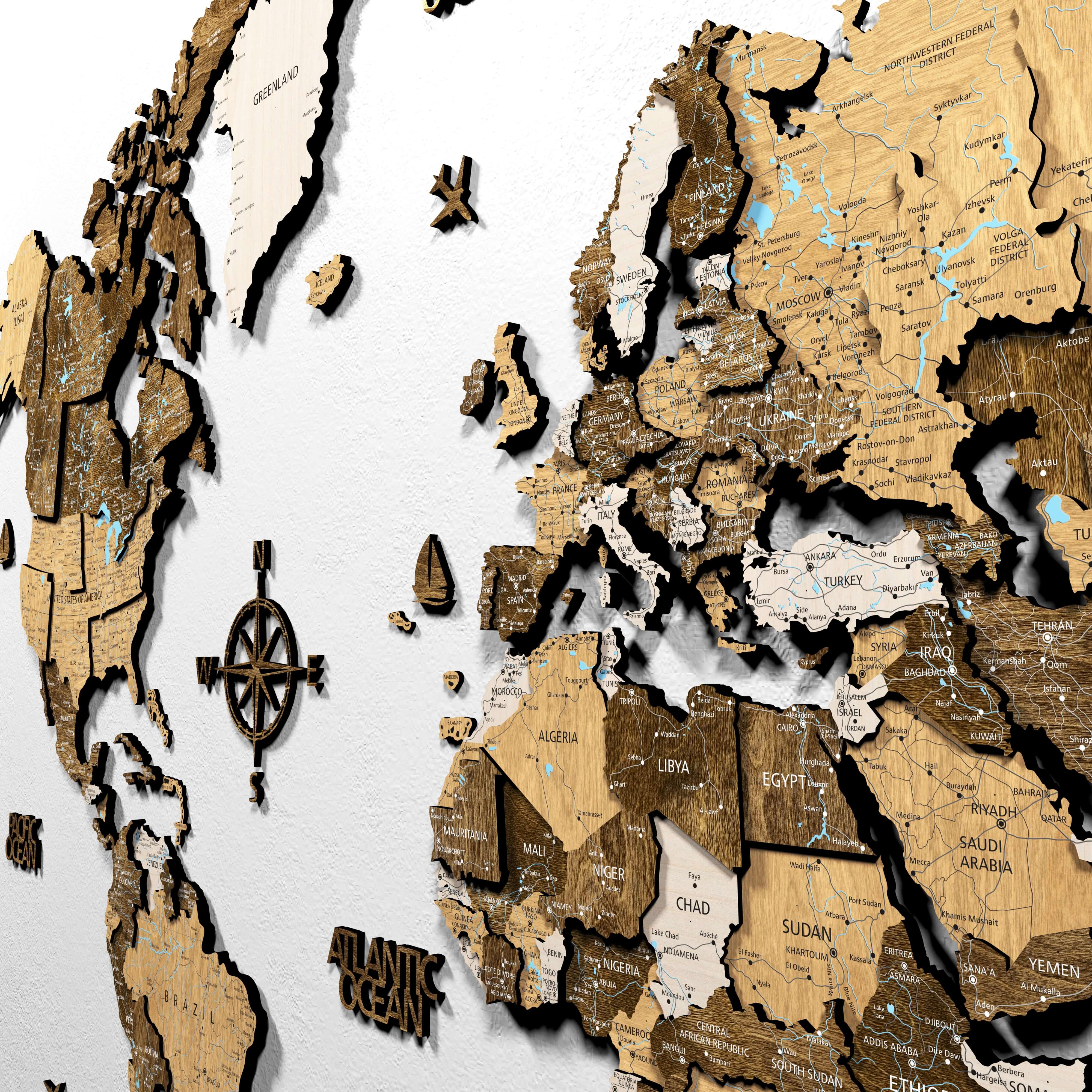 3D Wood world map wall decor showcasing detailed wood craftsmanship and global geography.