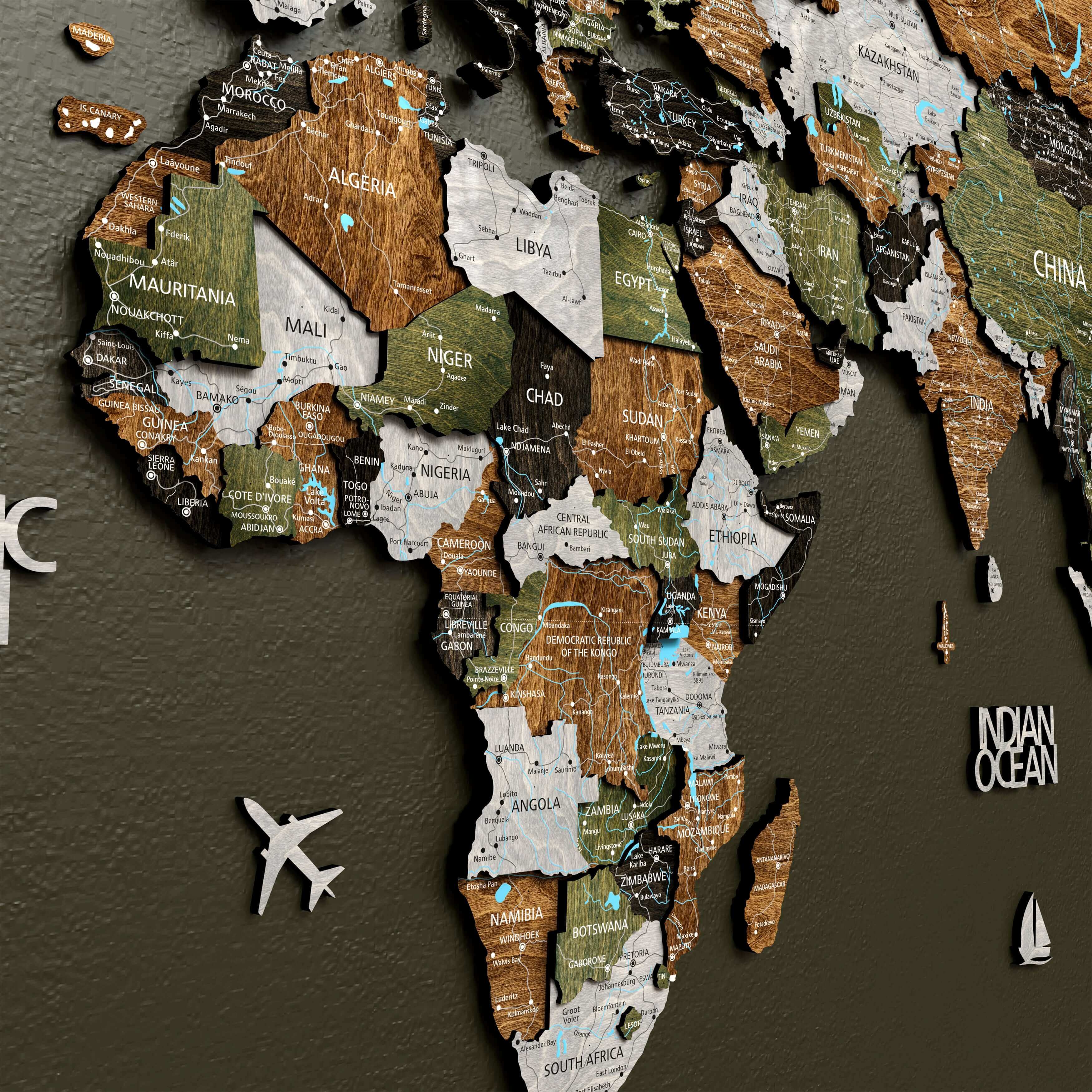 3D wooden world map wall decor featuring Africa with intricate textures and layered design, adding rustic charm to any space.
