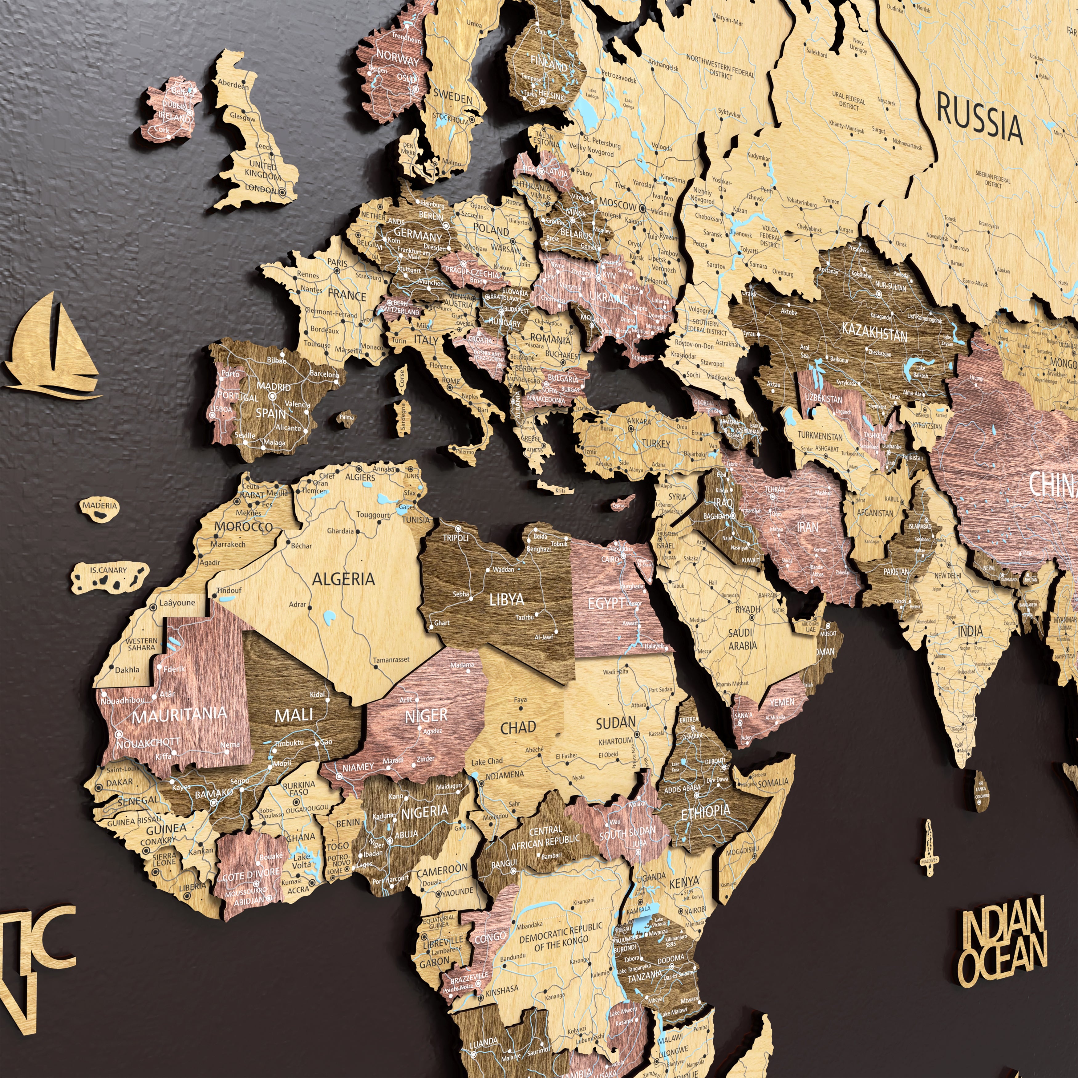 3D Wood world map wall decor featuring detailed wooden continents and countries, perfect for home decor.