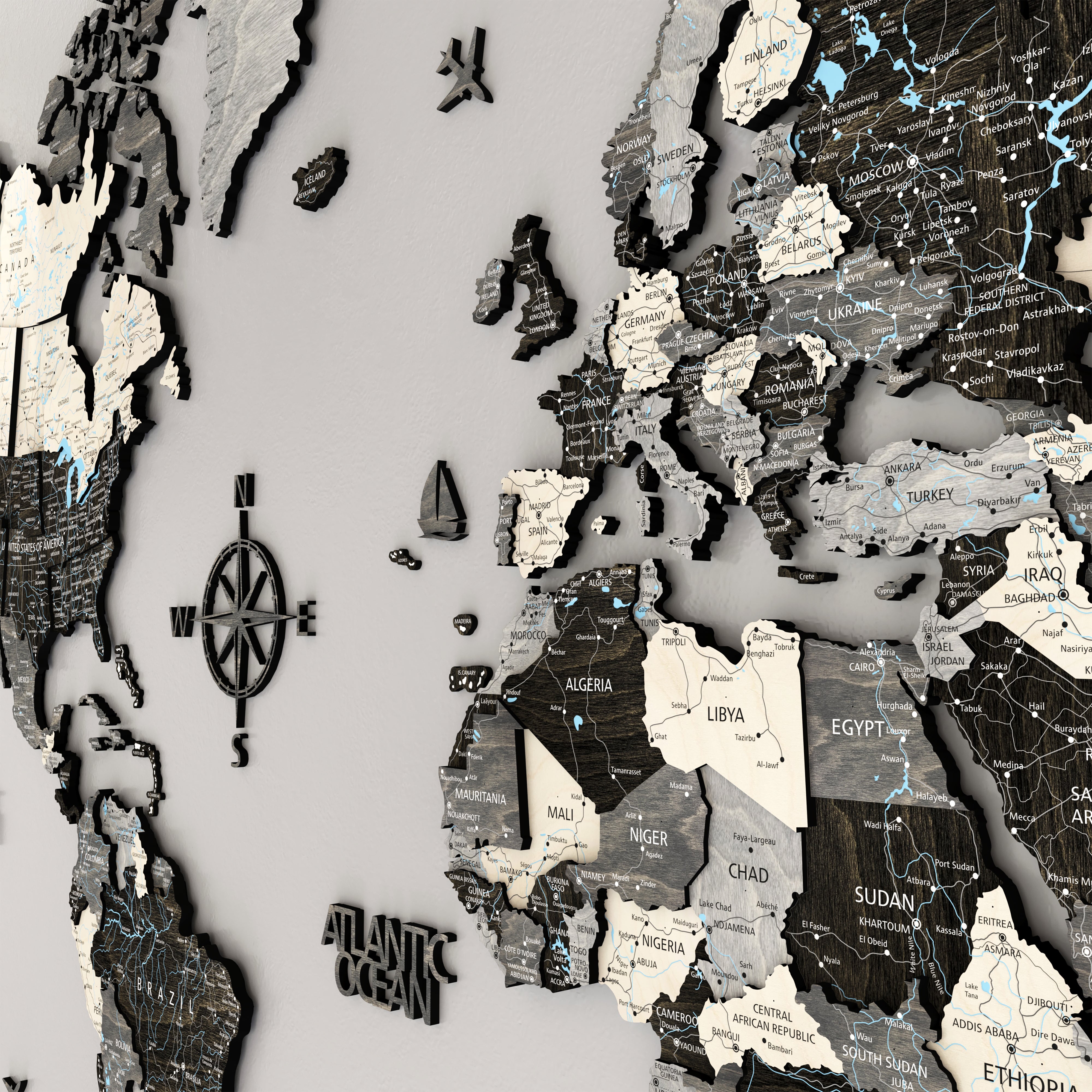 3D wood world map displaying detailed countries and oceans with a black loft style design.