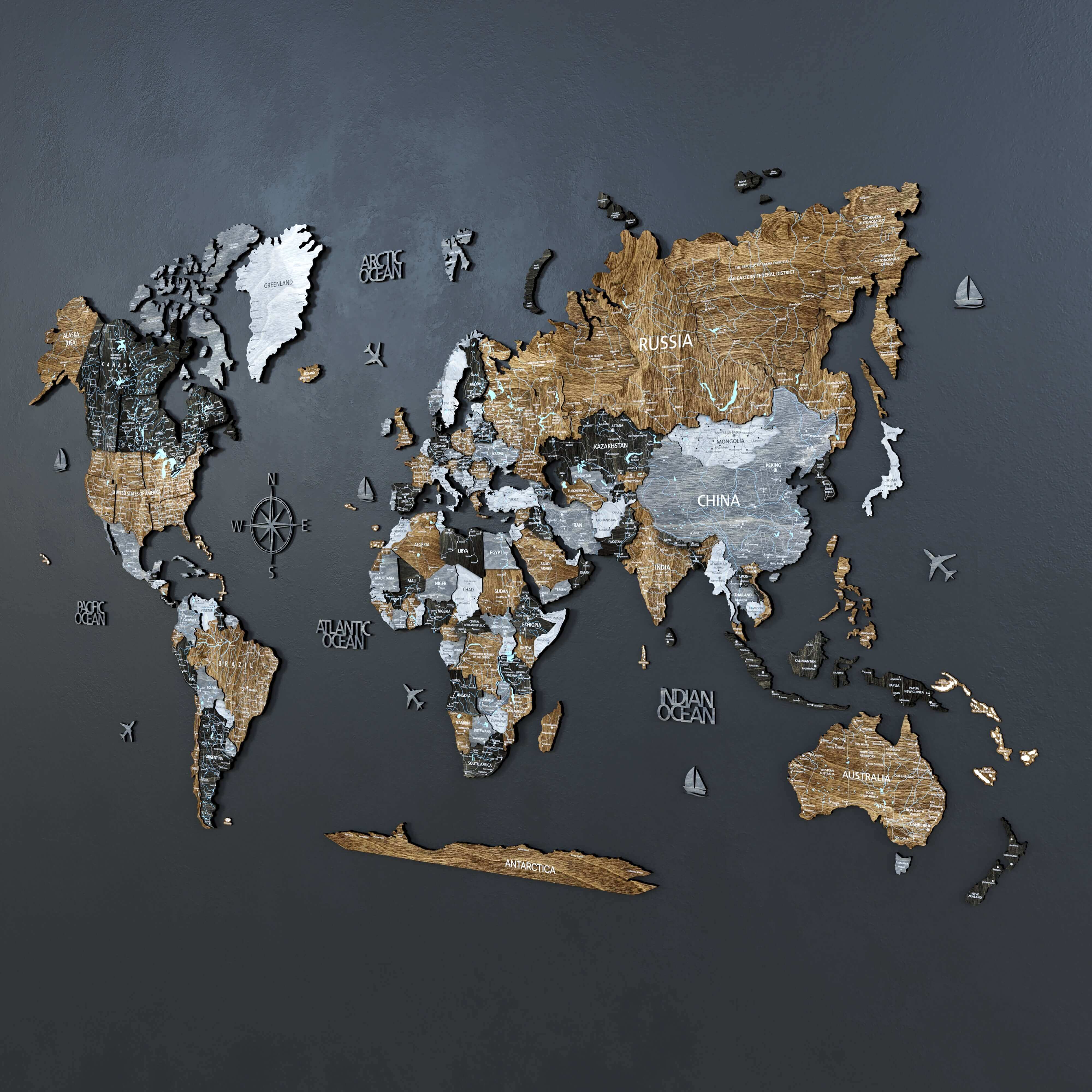 Wood World Map wall art in dark loft style with detailed country outlines and push pin options for travel memories.
