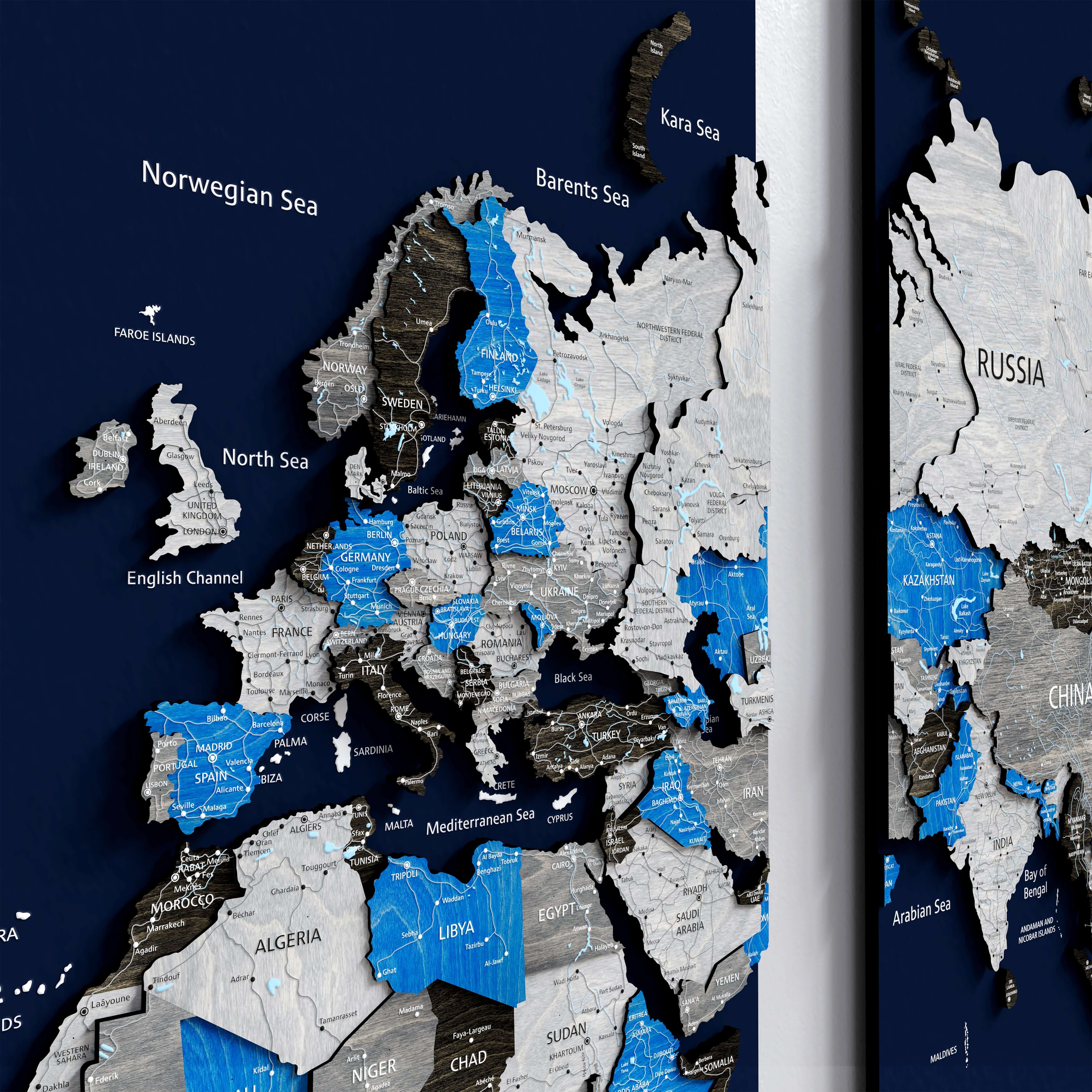Wood World Map on a Board - Azure