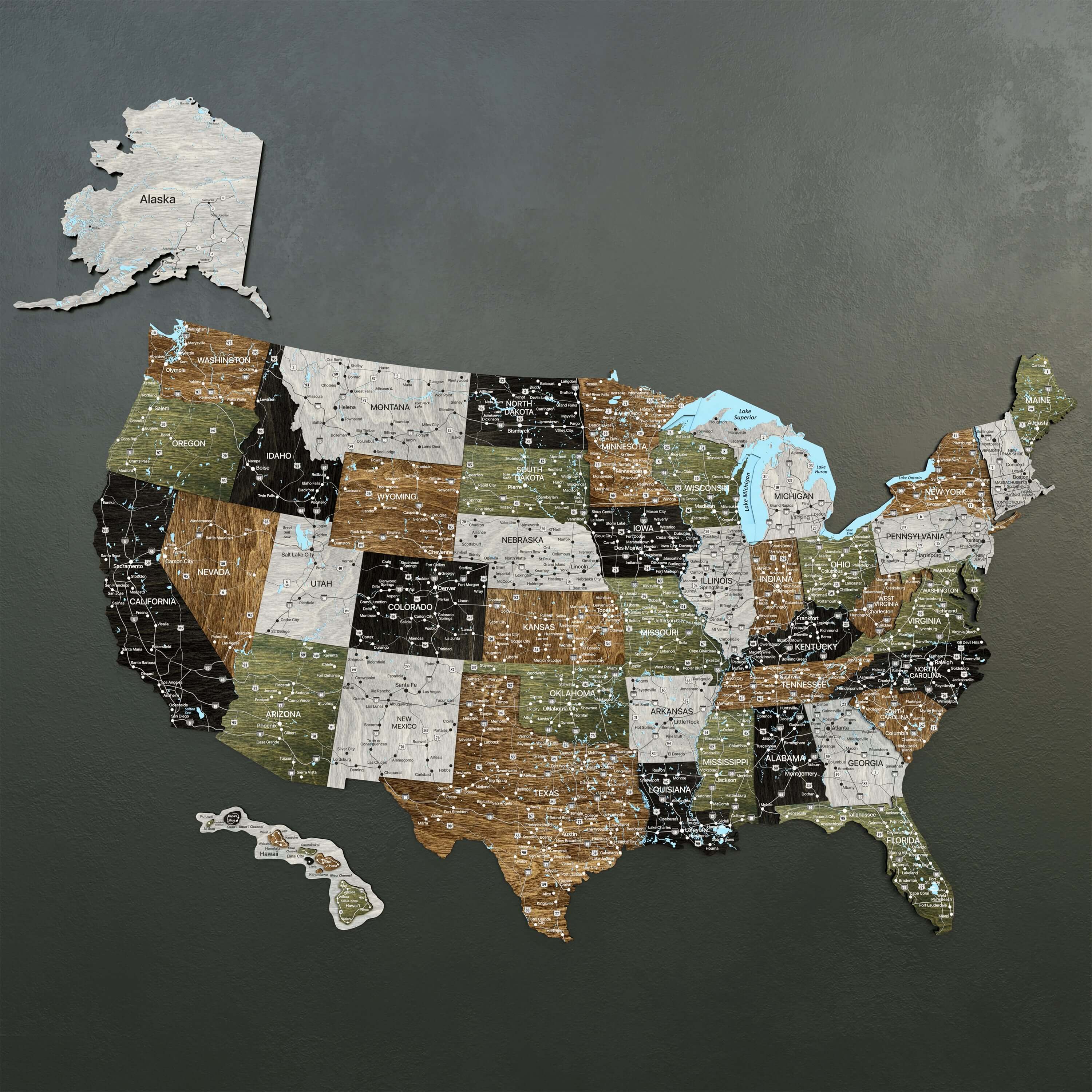 Rustic 3D wooden USA map wall art featuring detailed state outlines and textures, perfect for home décor.