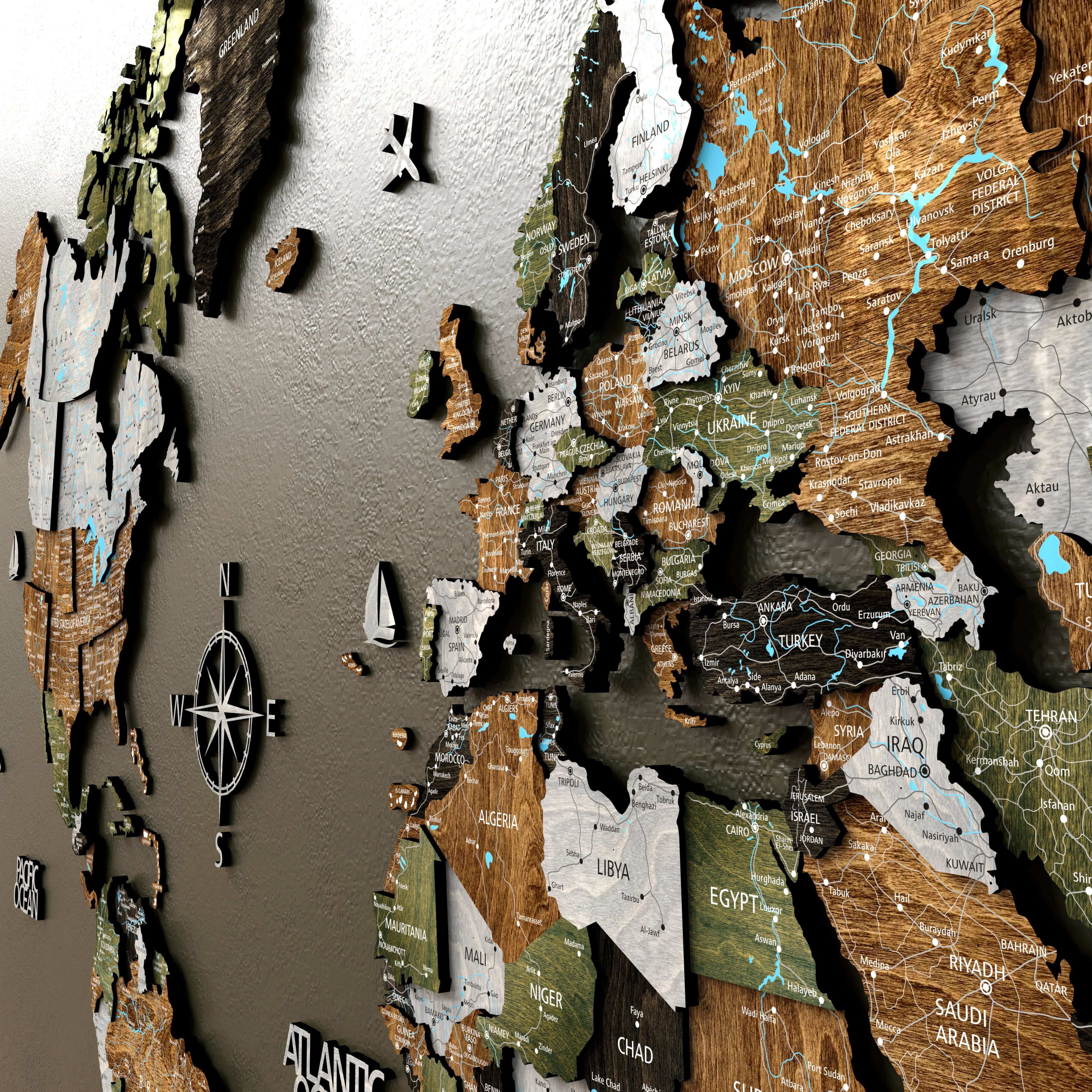 3D Wooden World Map wall decor with rustic style featuring multi-layered design and geographic details.