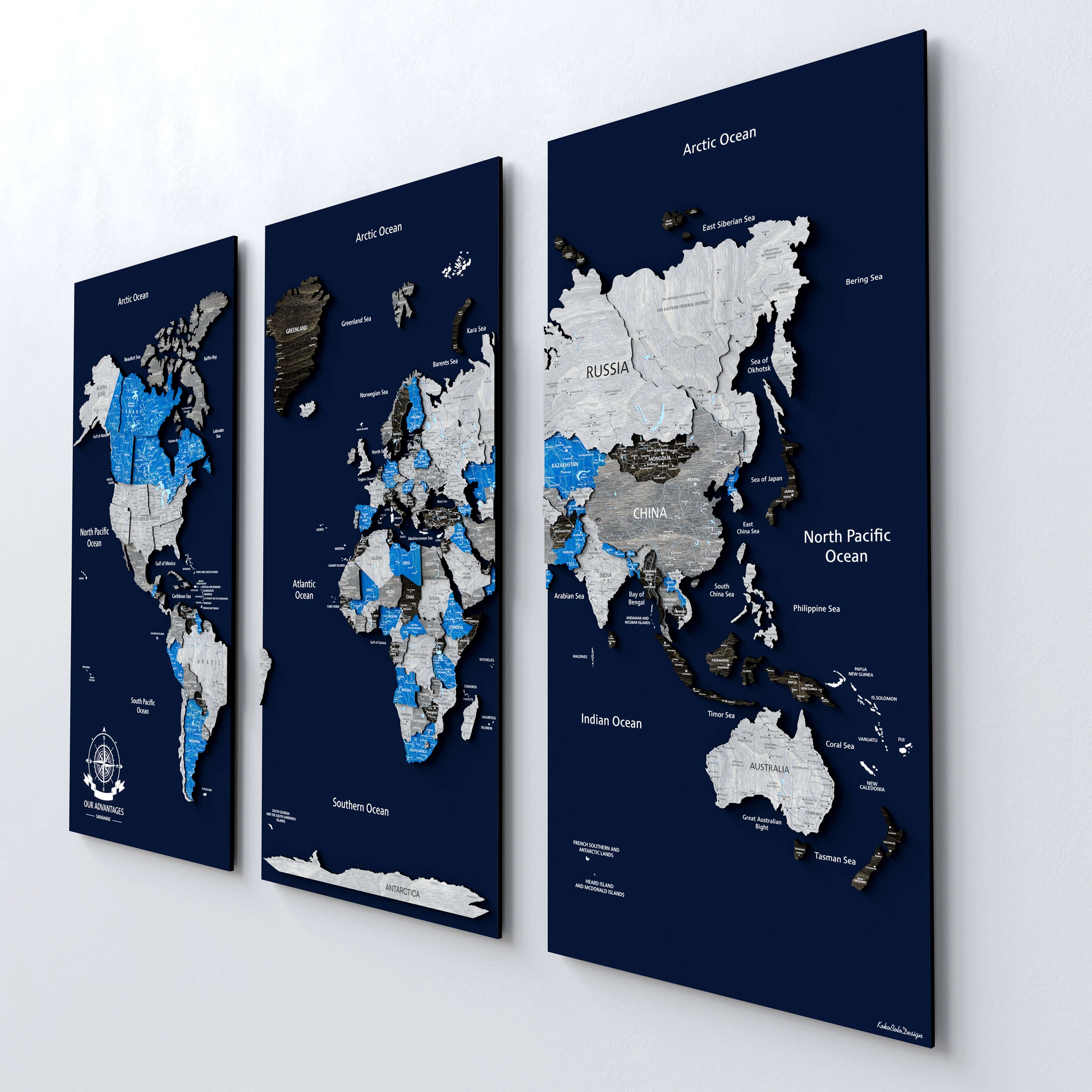 Wood World Map on a Board - Azure
