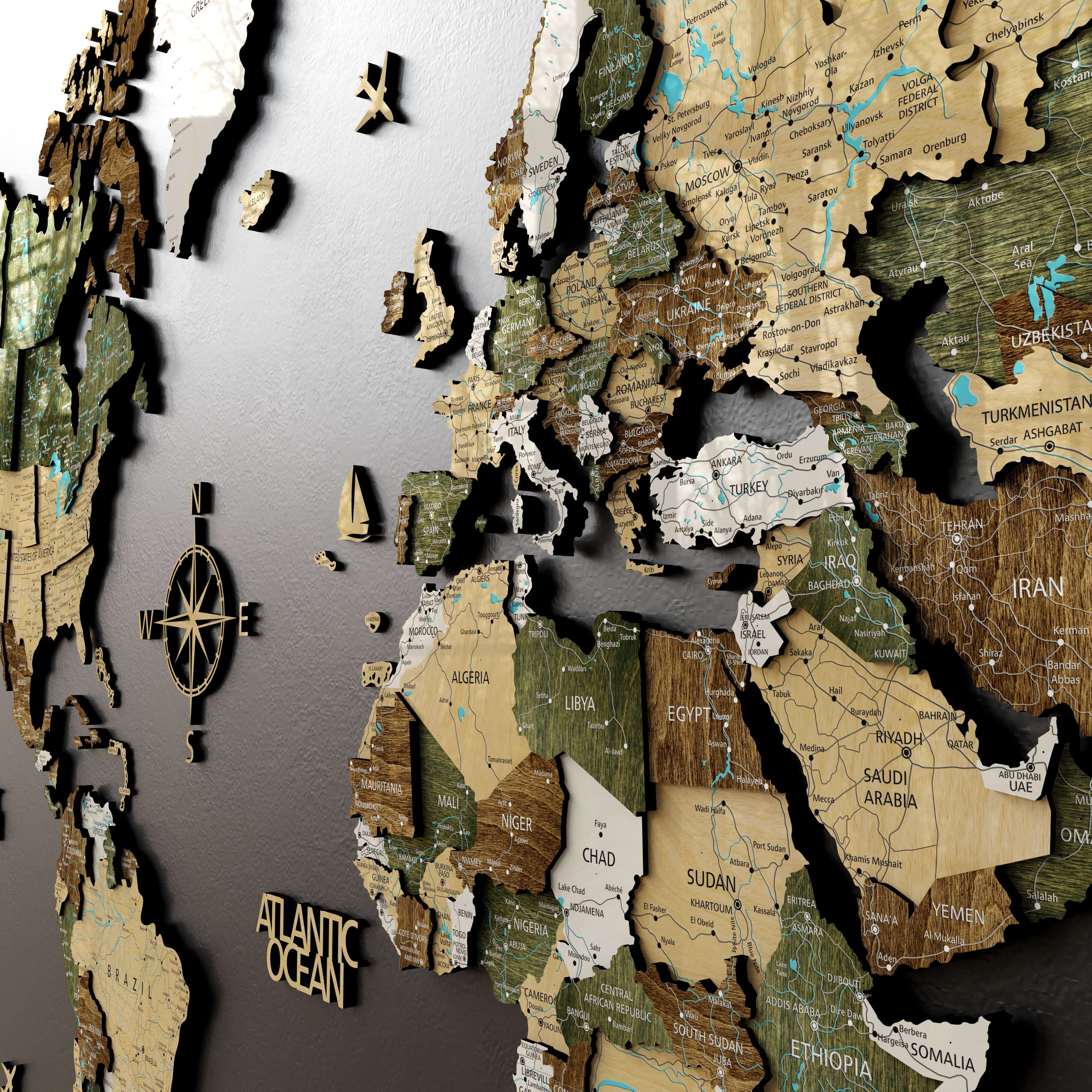 3D Scandinavian wooden world map wall decor showcasing intricate details and textures.
