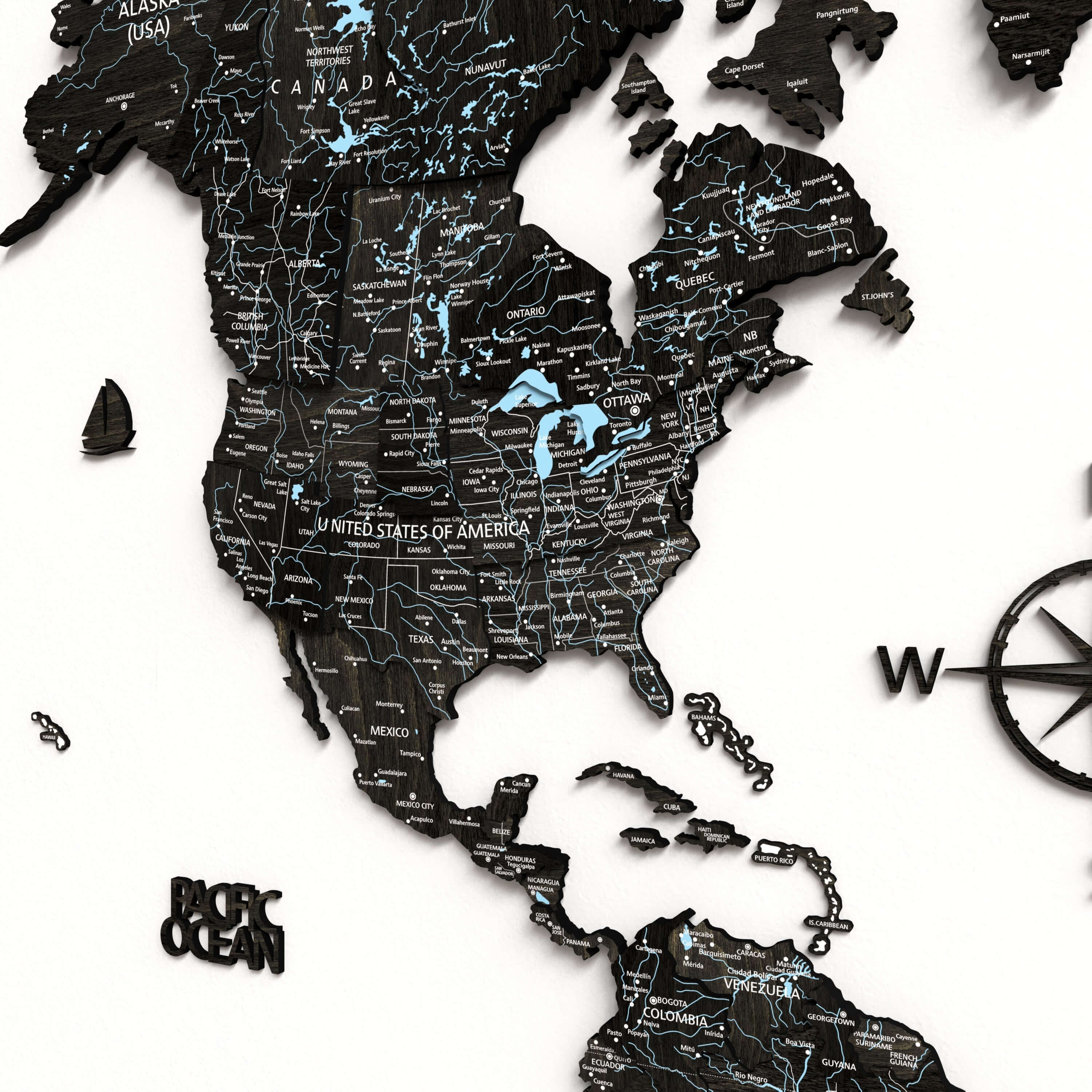 Detail of the Black Wood World Map highlighting North America and the United States in elegant black wood.