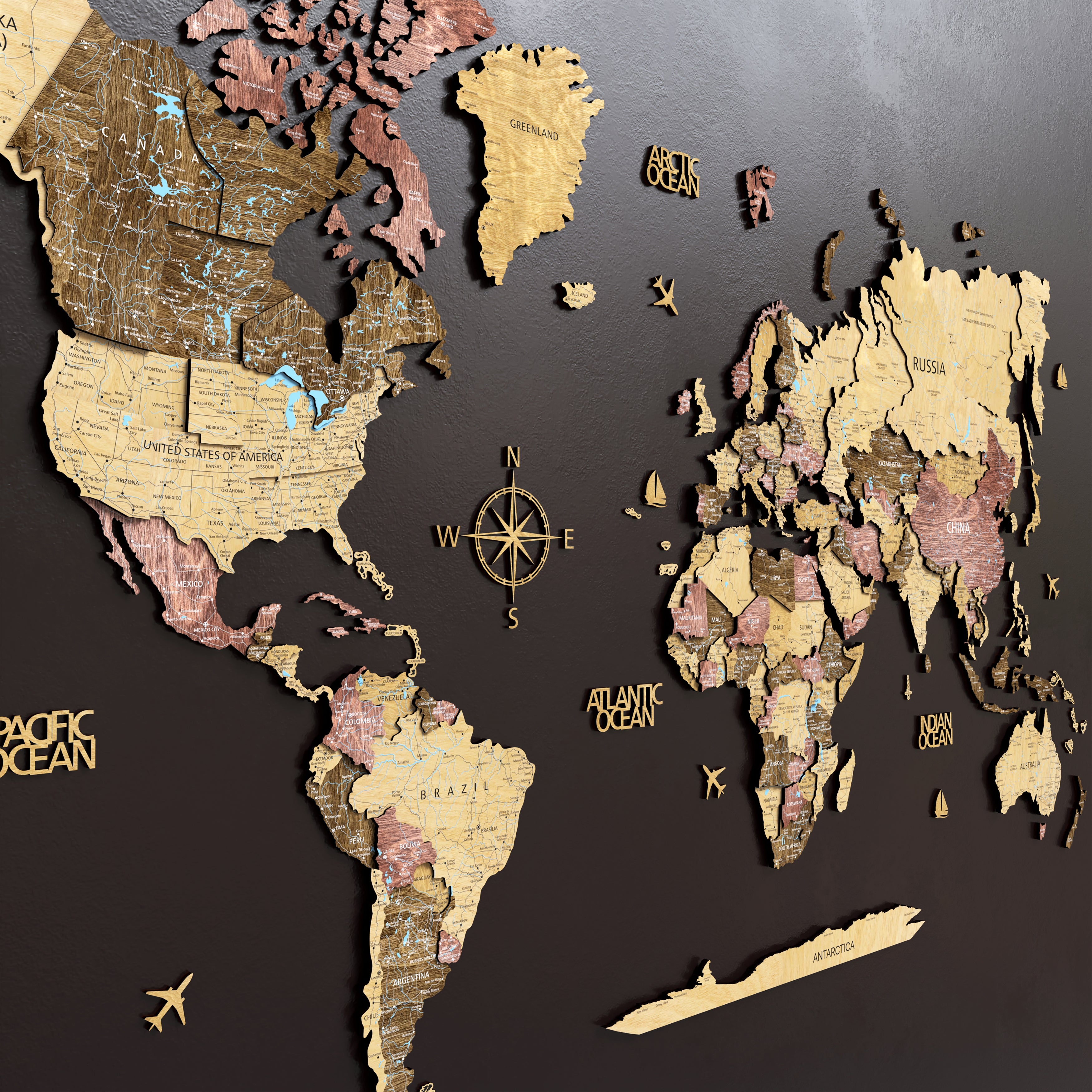 3D Wood world map wall decor showcasing detailed countries and oceans, ideal for home or office decoration.
