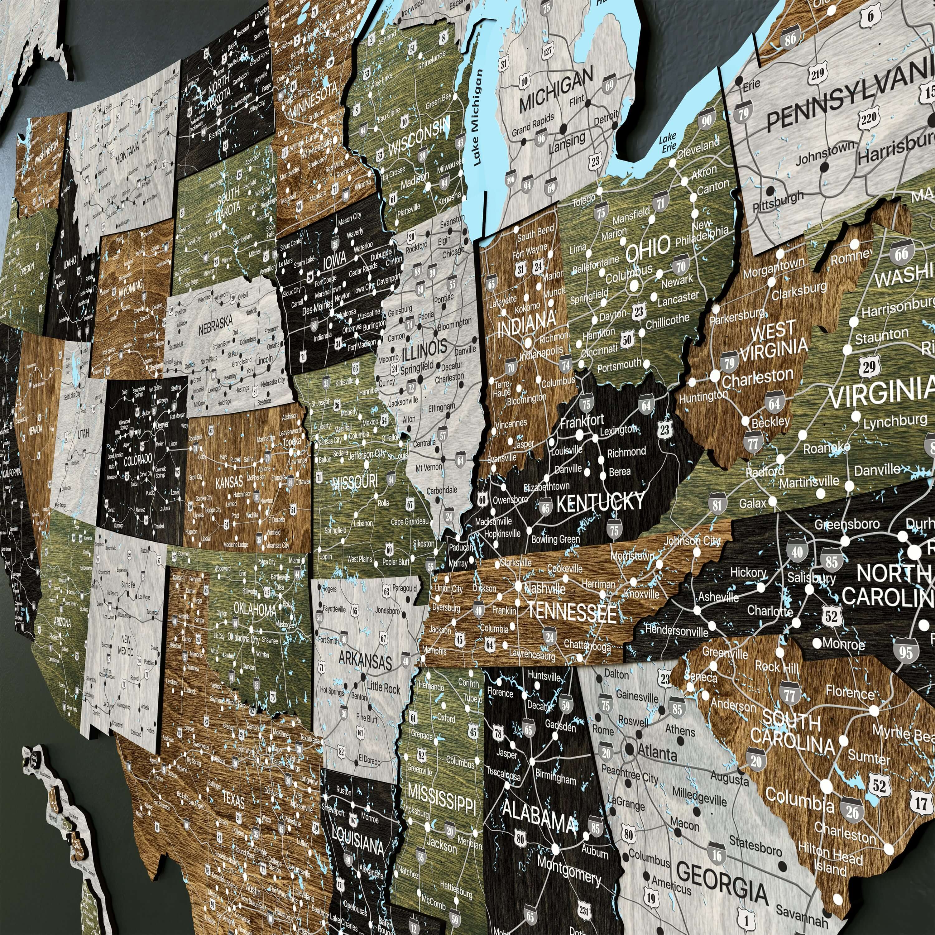 3D rustic wooden travel map of the United States showcasing detailed state outlines and city names.
