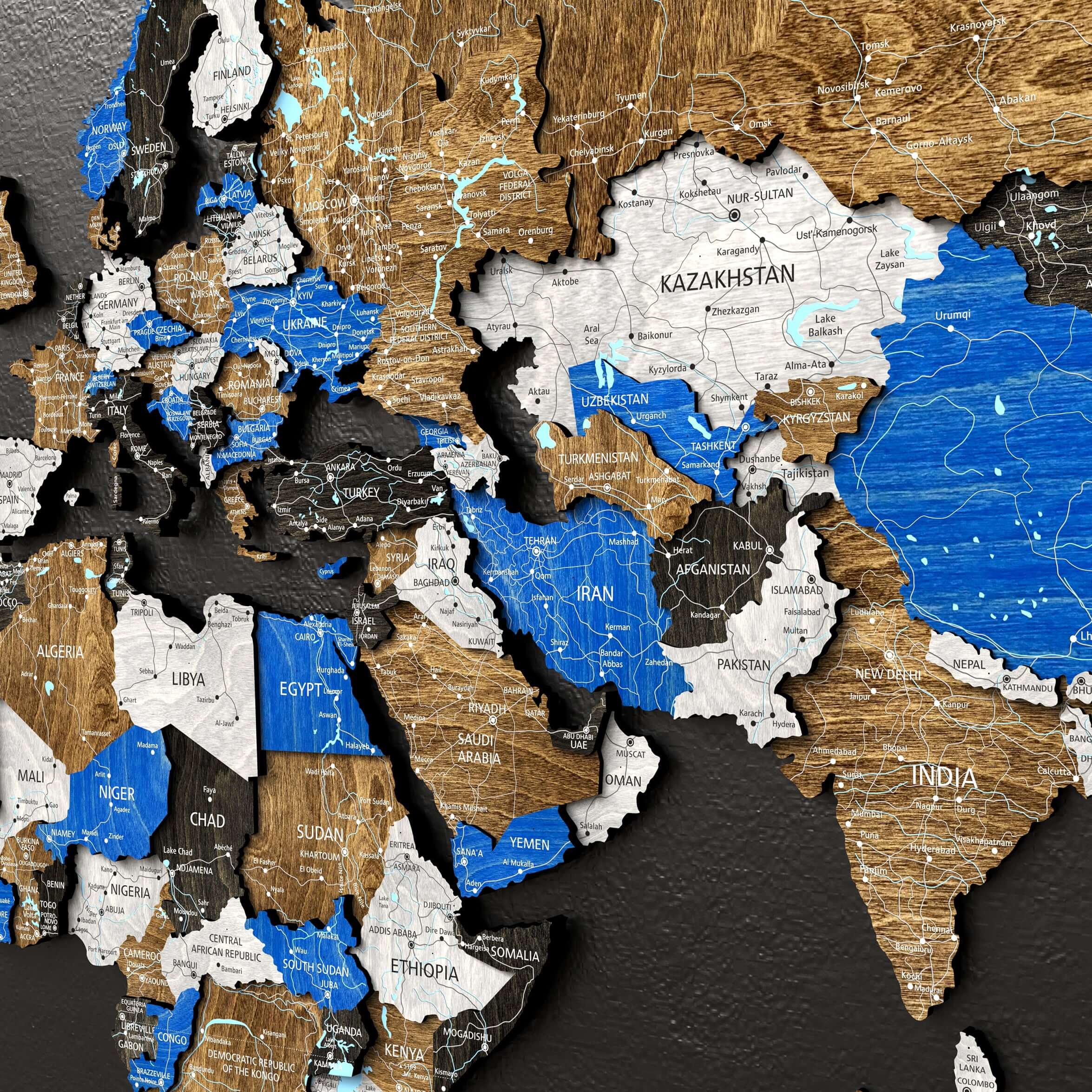 3D wooden world map featuring detailed countries and rivers in Scandinavian colors, ideal for wall decor.