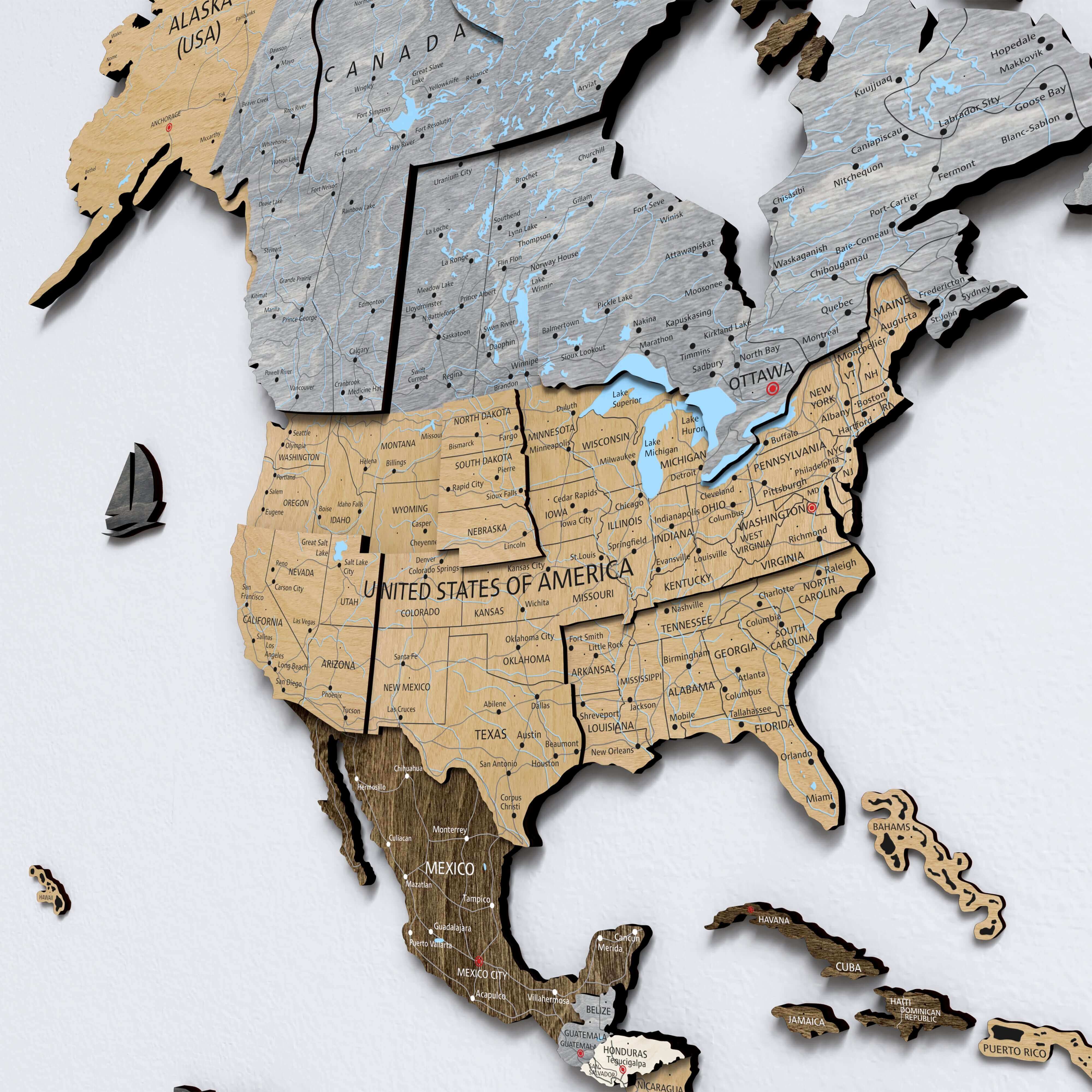 Detailed Wood World Map in Light Walnut showcasing North America and bordering countries.