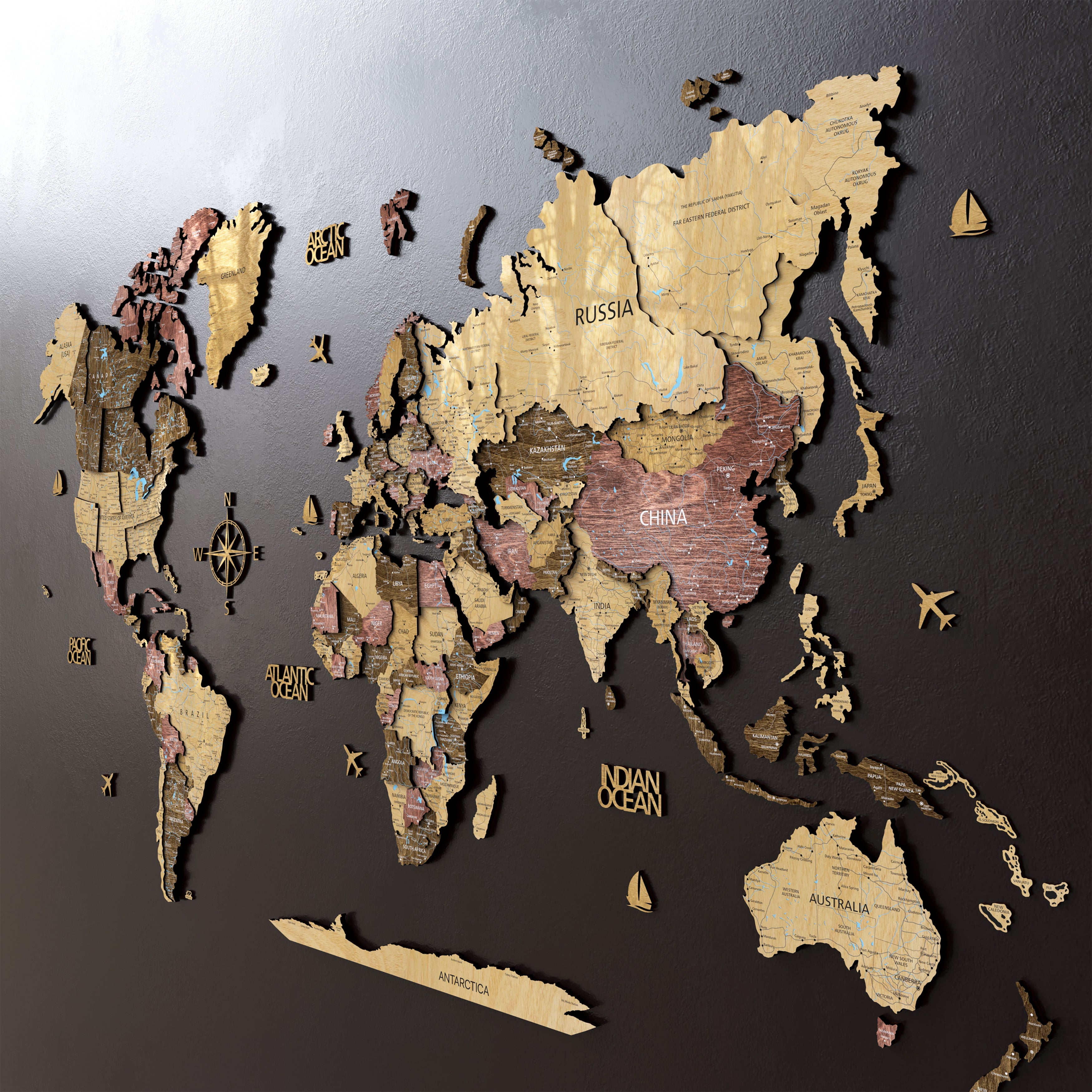 3D Wood world map wall decor in cherry color, featuring intricate details of countries and oceans.