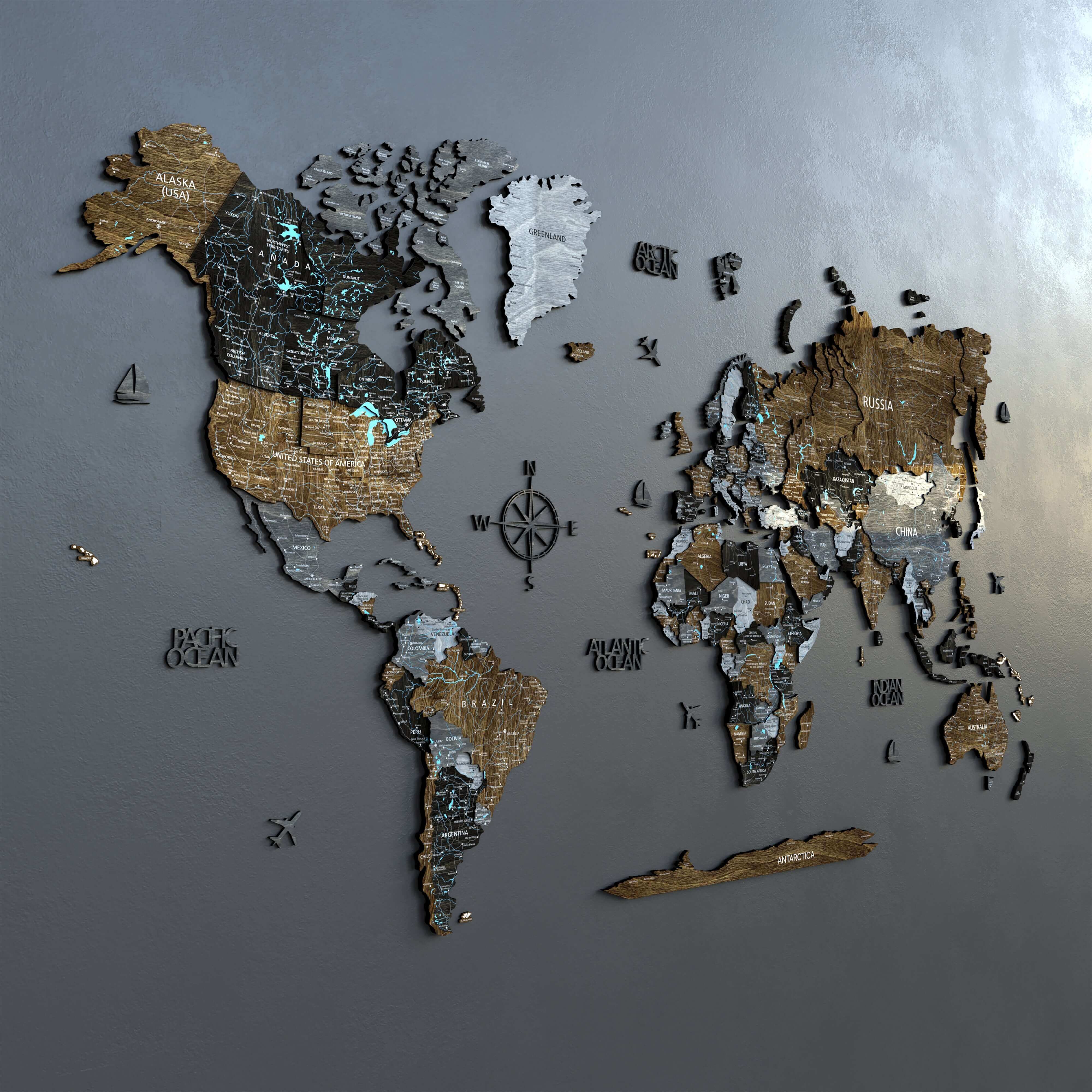 Wood World Map in dark loft style, showcasing detailed continents and nautical elements for home decor.