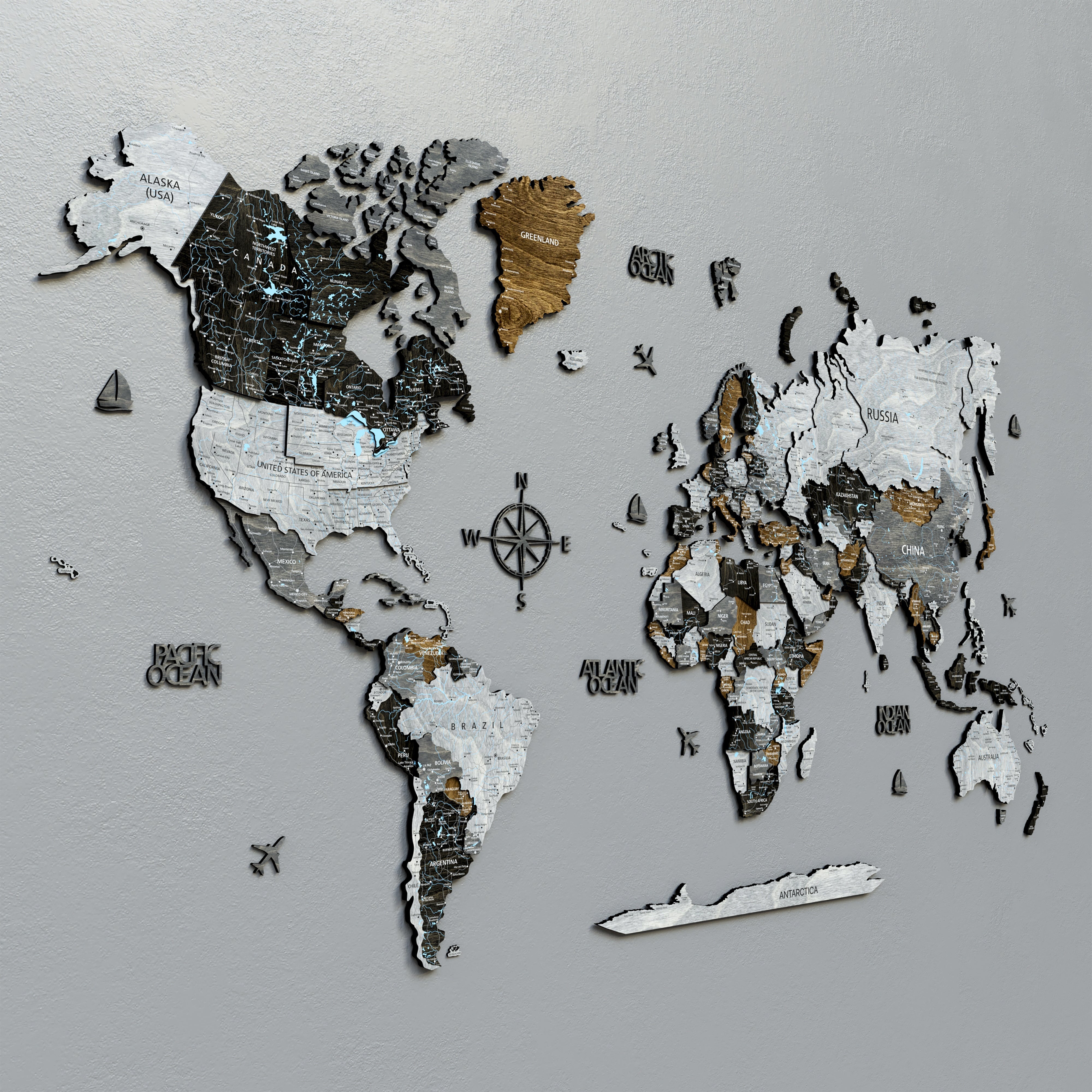 3D wooden world map in loft style with distinct elevation levels, featuring a mix of colors and textures for modern decor.
