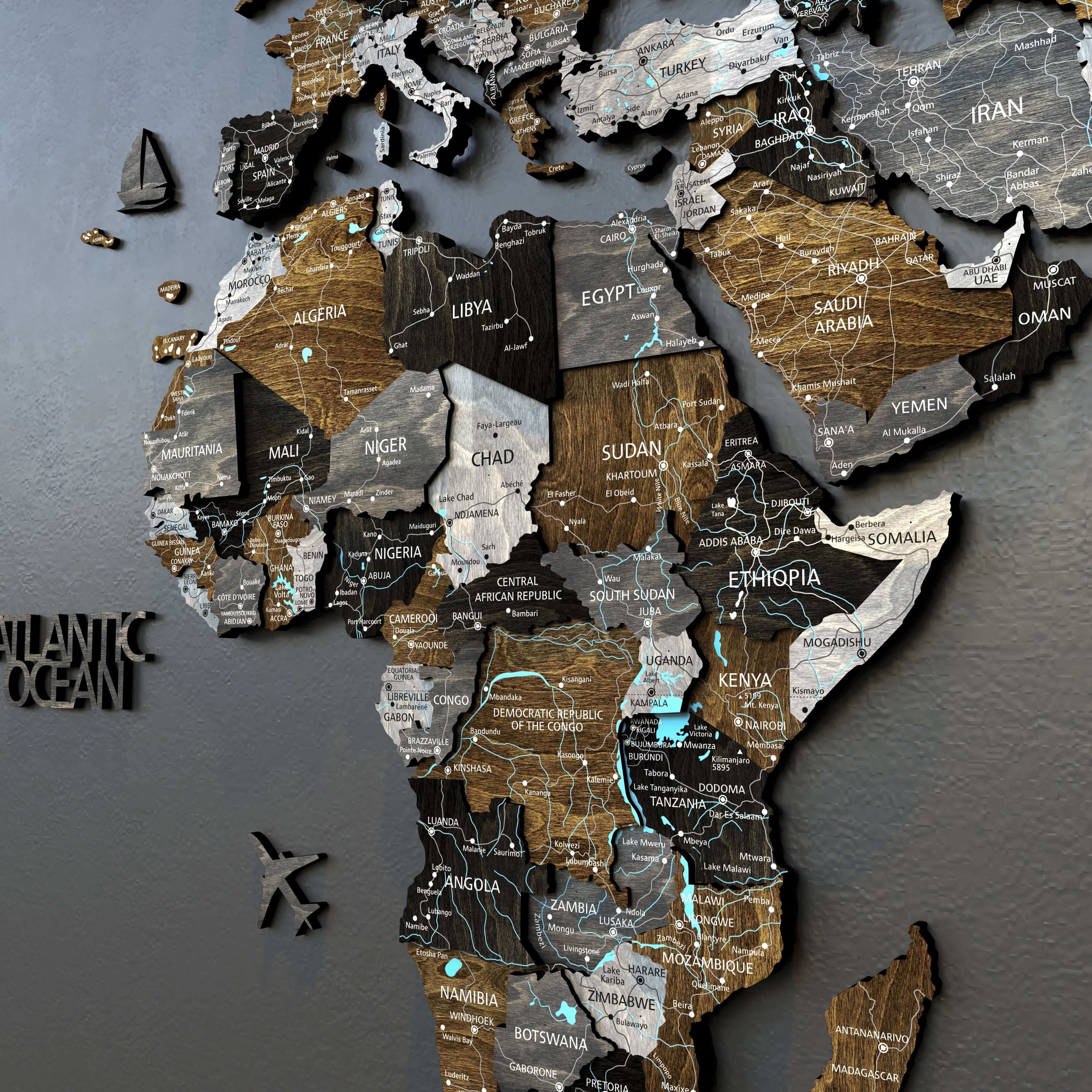 Wood world map in dark loft style featuring detailed countries of Africa with push pin options.