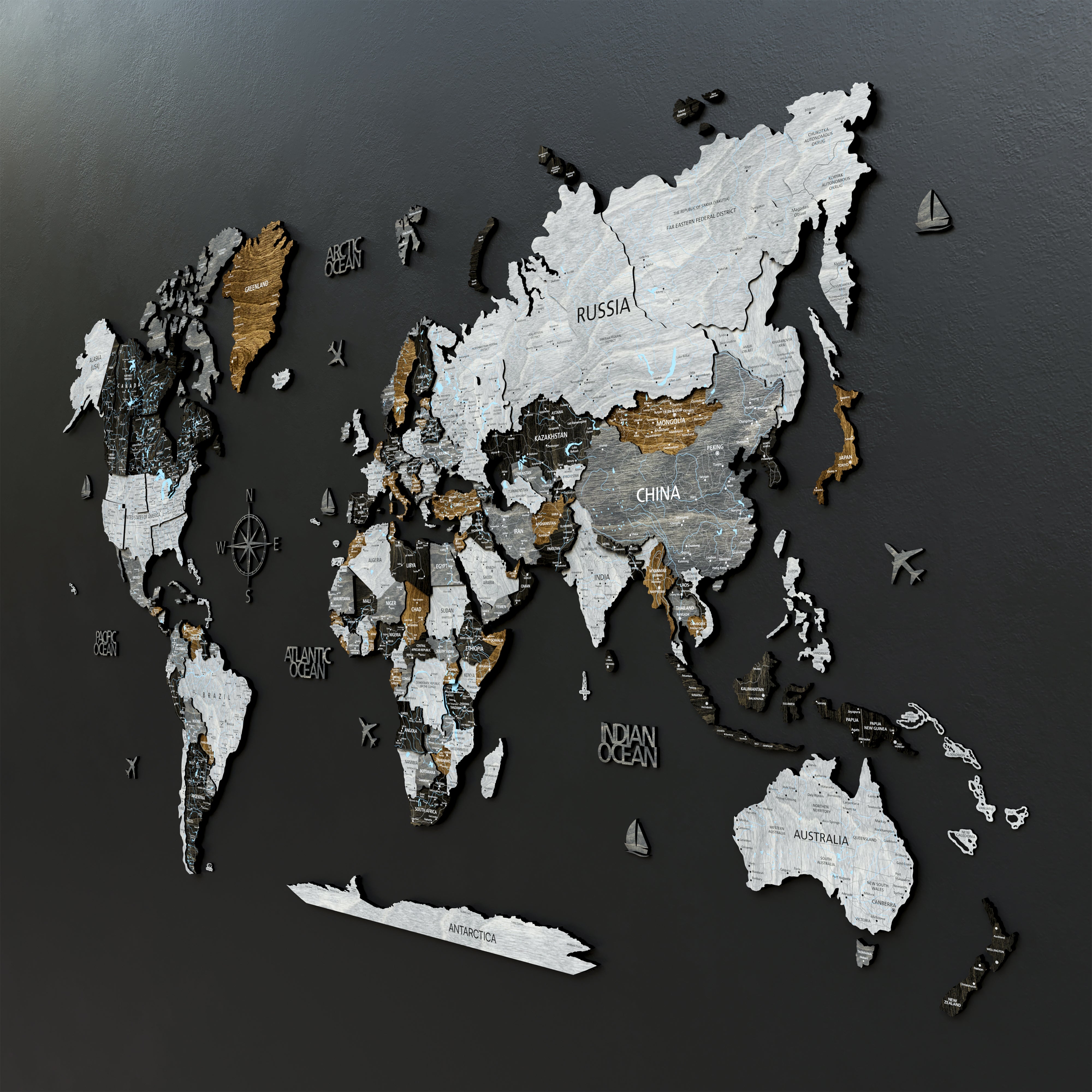 3D Wooden World Map in Loft Style with distinct elevation levels and intricate detailing.