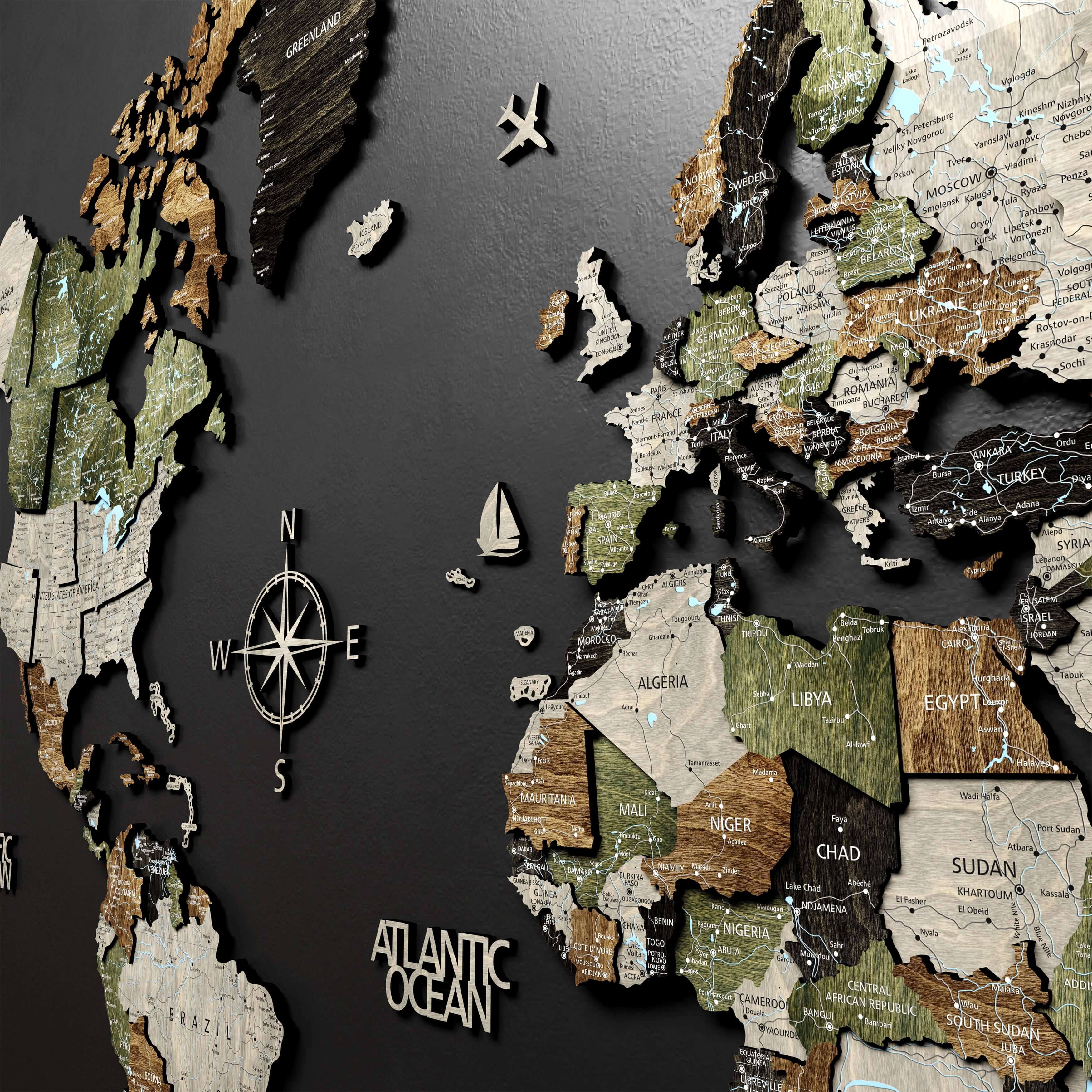 Detailed view of Europe on the 3D wood world map, highlighting individual countries.