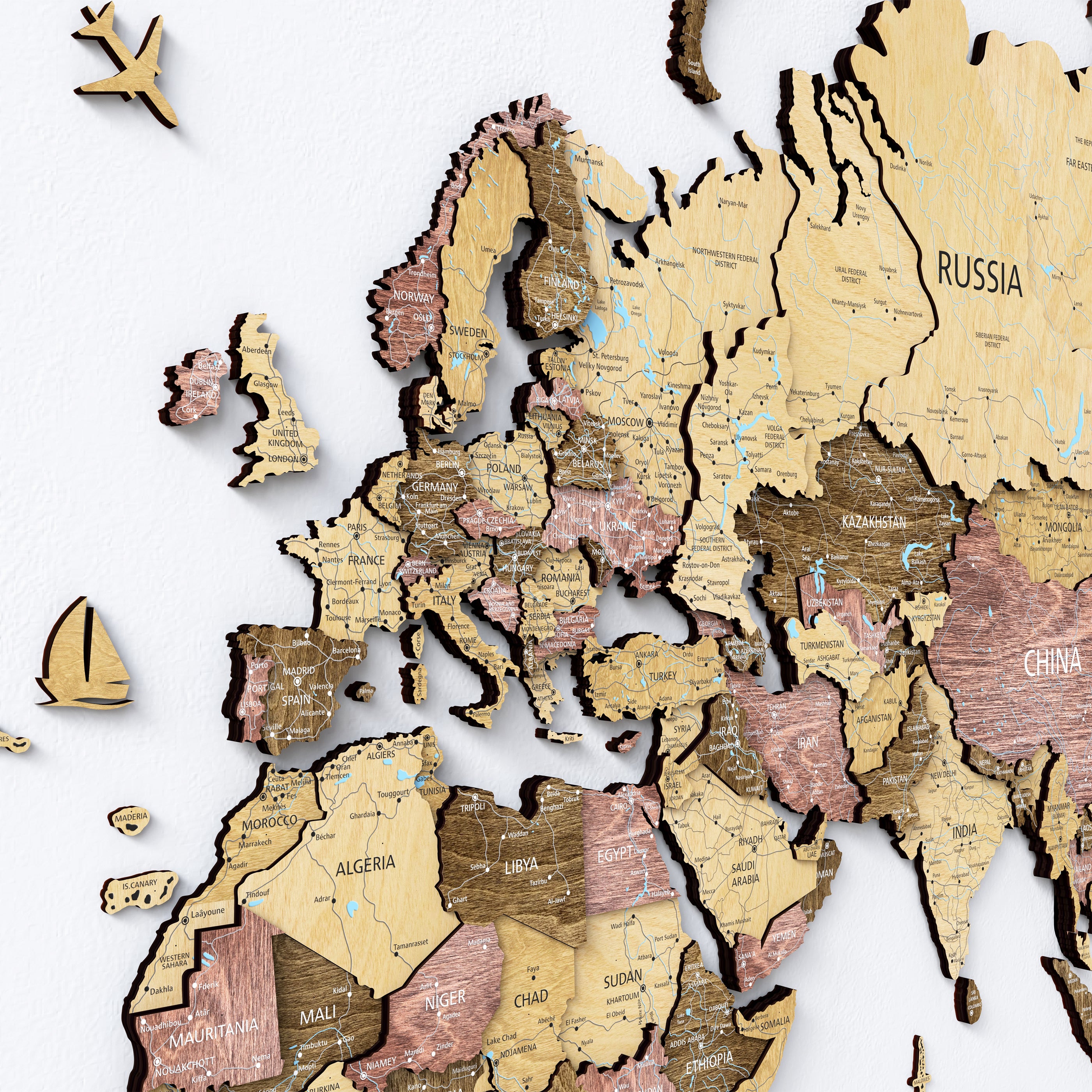 3D Wood world map wall decor featuring detailed countries and textures, perfect for travel enthusiasts and home decoration.