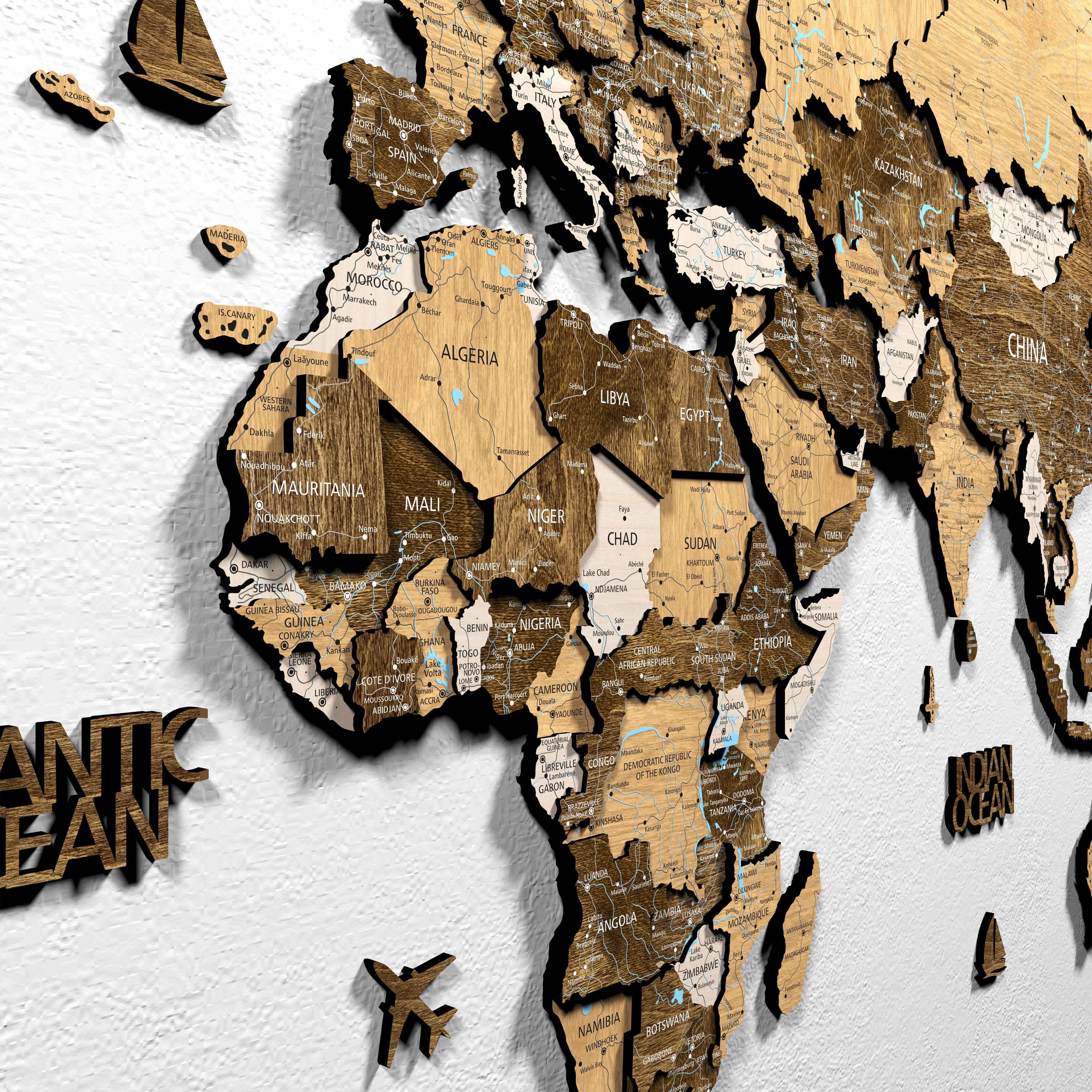 3D Wood world map wall decor showcasing detailed continents and countries in oak wood finish.