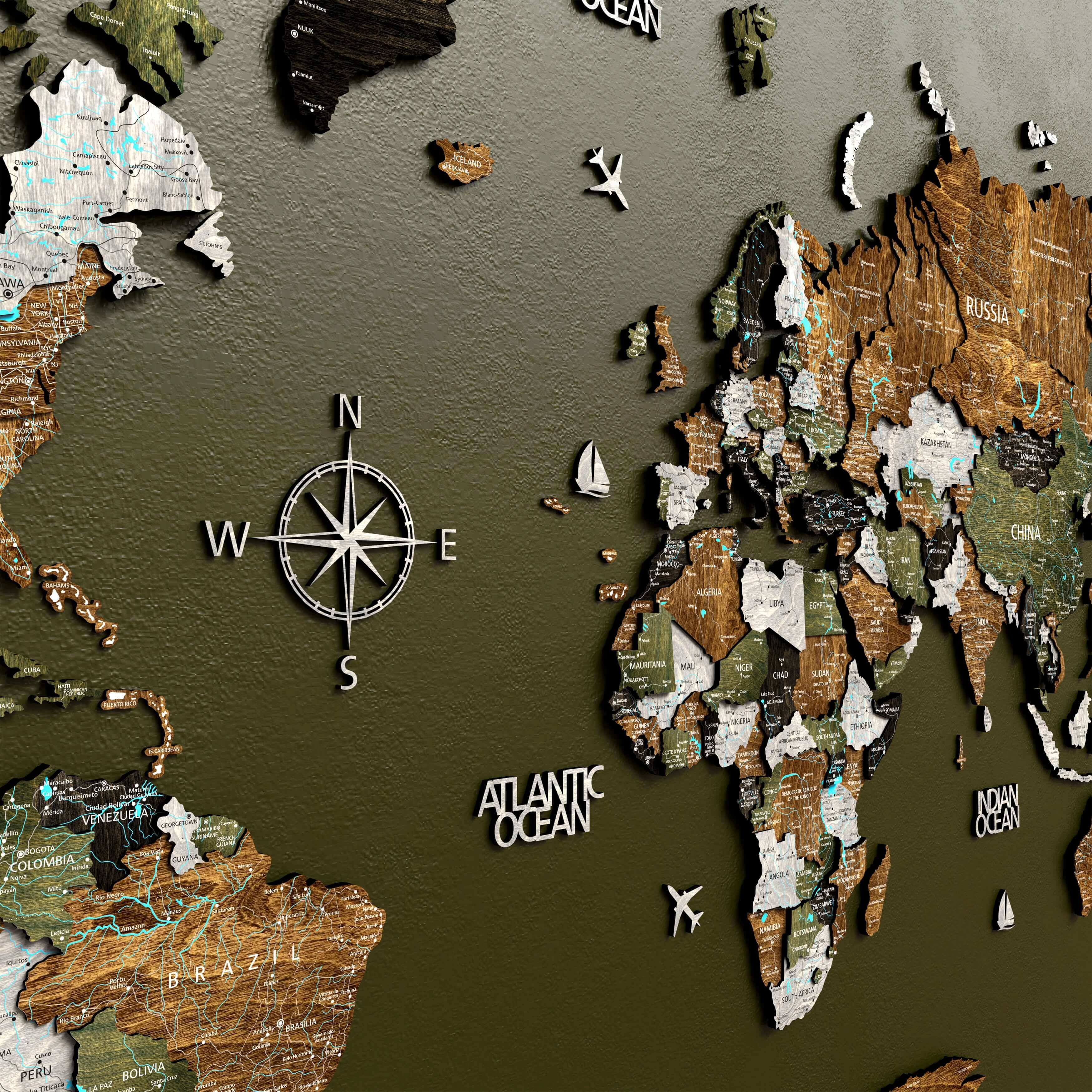 3D wooden world map wall decor with compass rose and rustic design, showcasing continents and oceans.