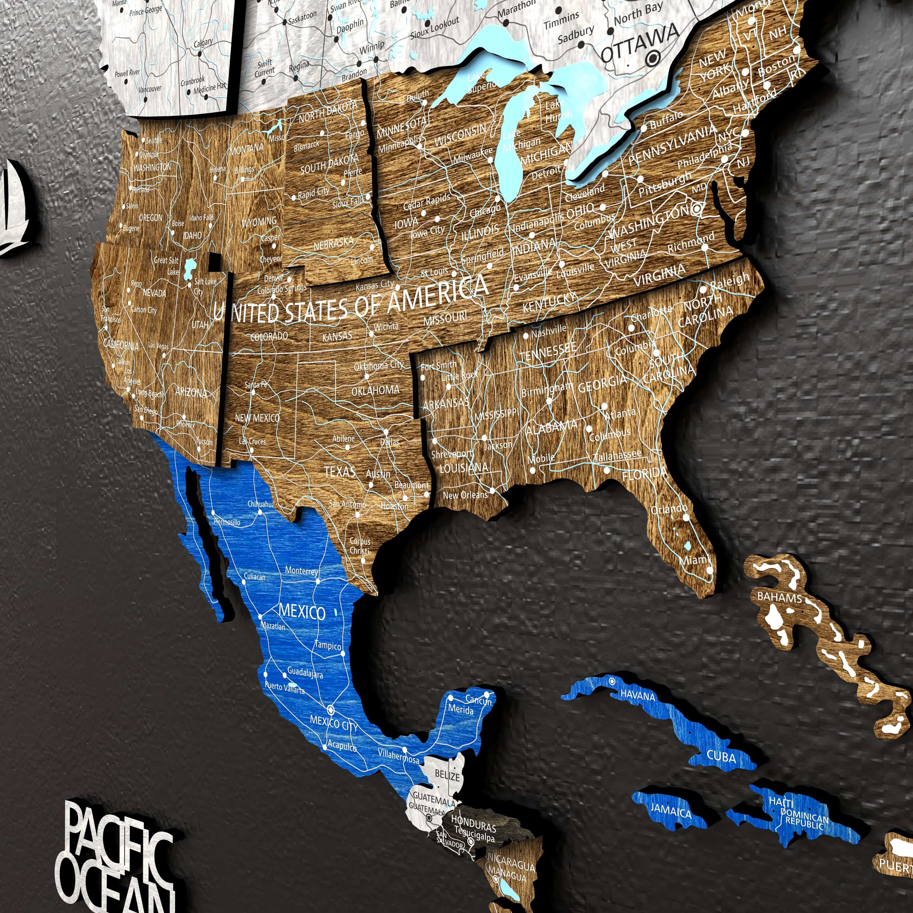 3D wooden wall map of the southern United States with detailed geographical features and vibrant colors.