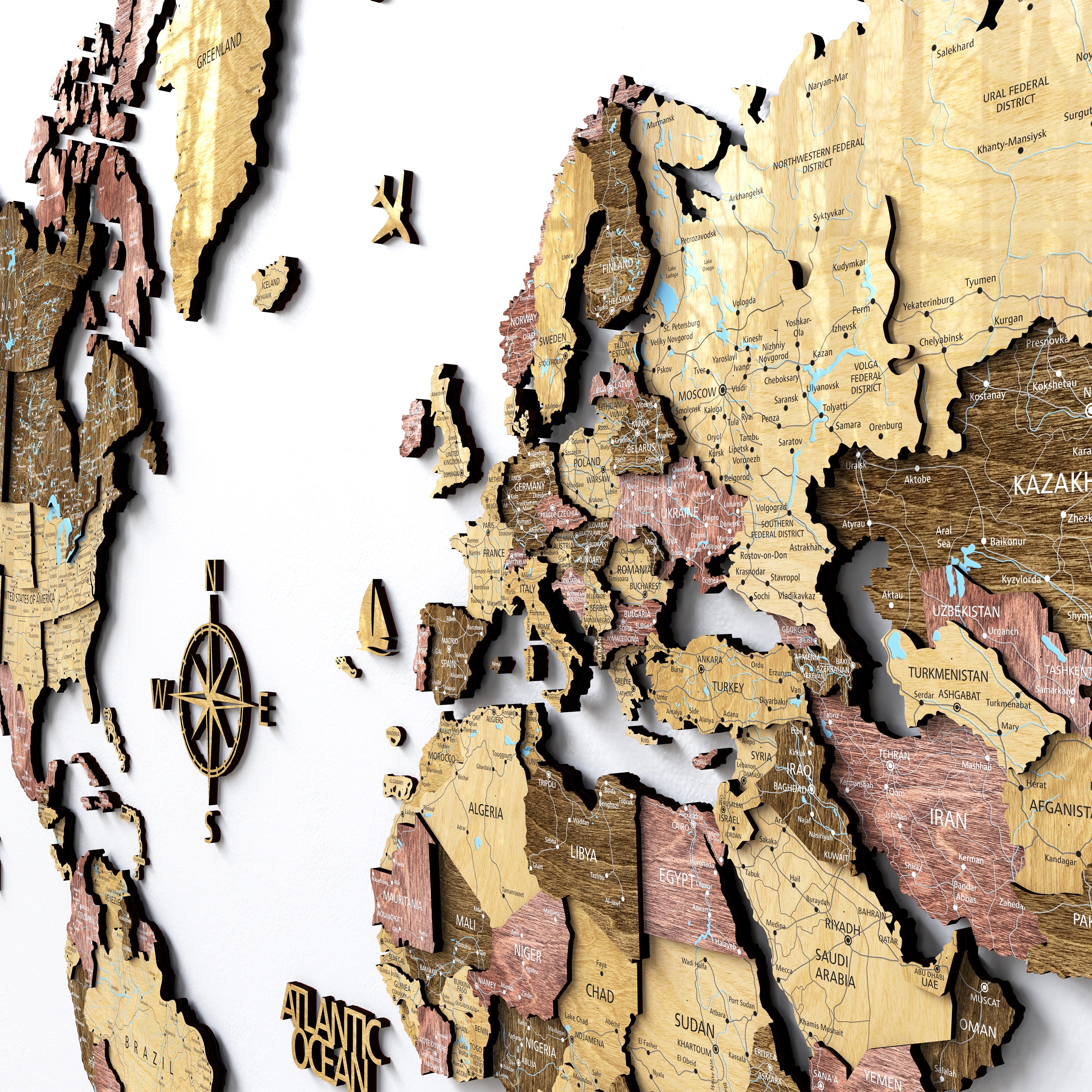 3D Wood world map wall decor featuring detailed geographical elements in cherry wood texture.