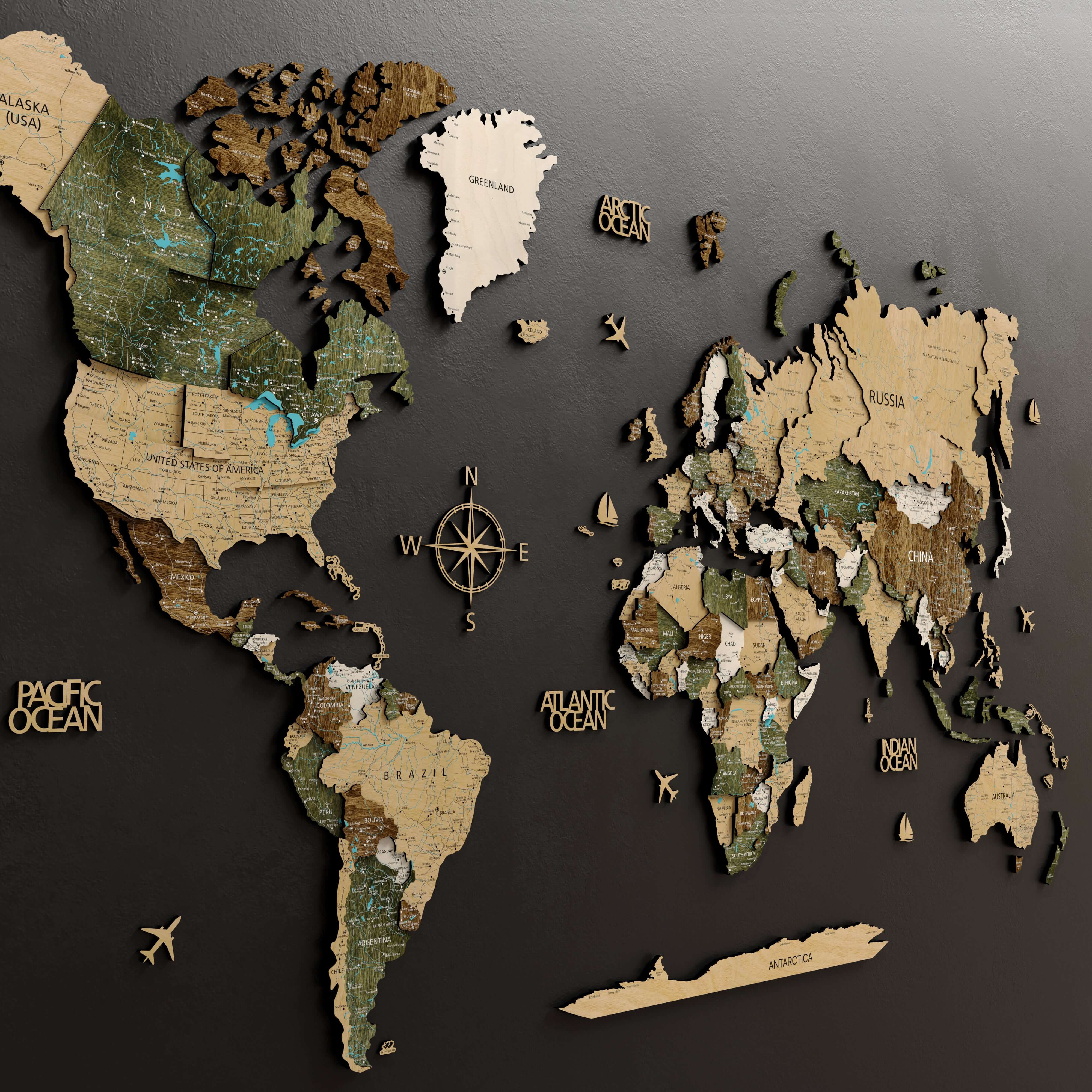 3D Wooden World Map in Scandi style, featuring detailed textures and layered design on a black wall.