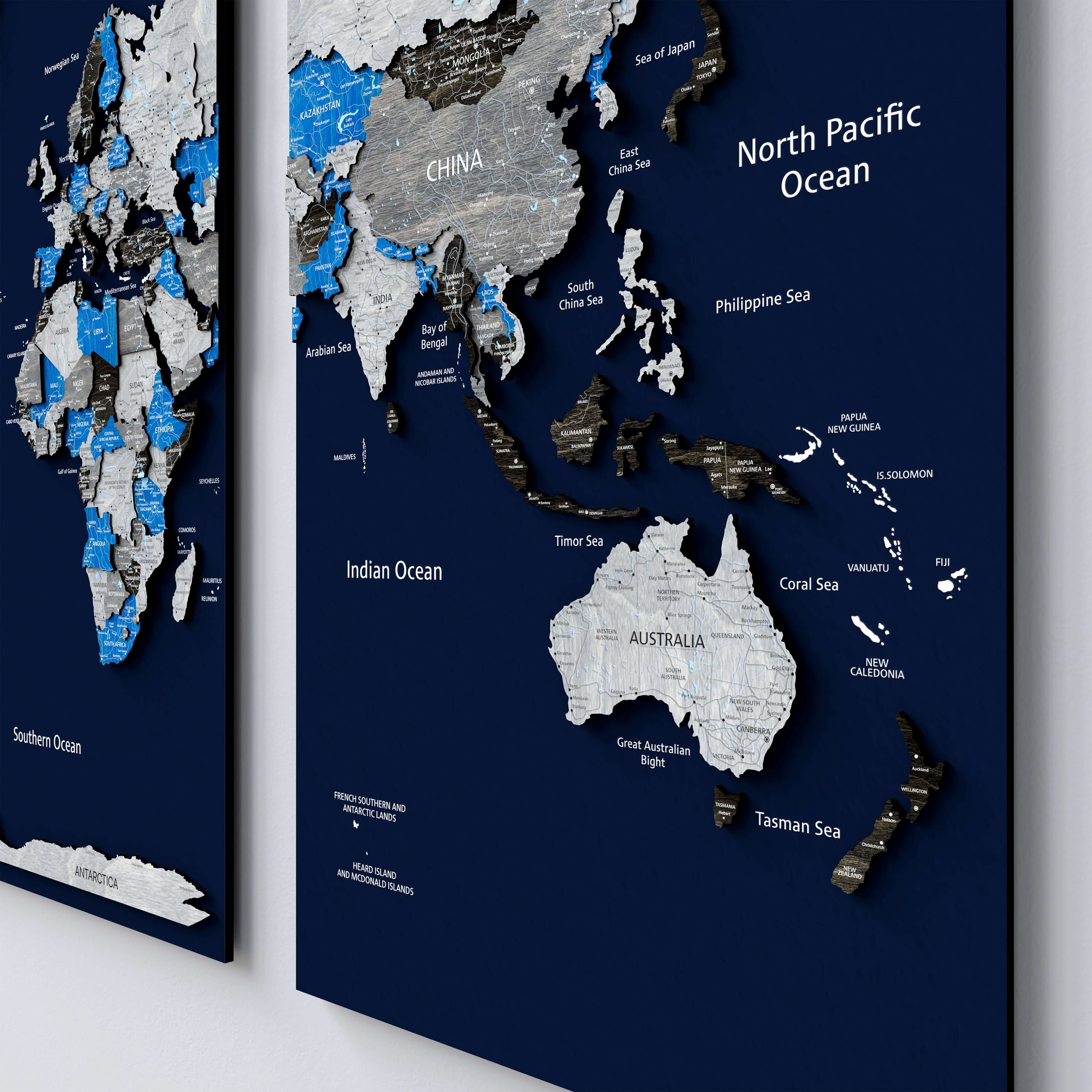 Wood World Map on a Board - Azure