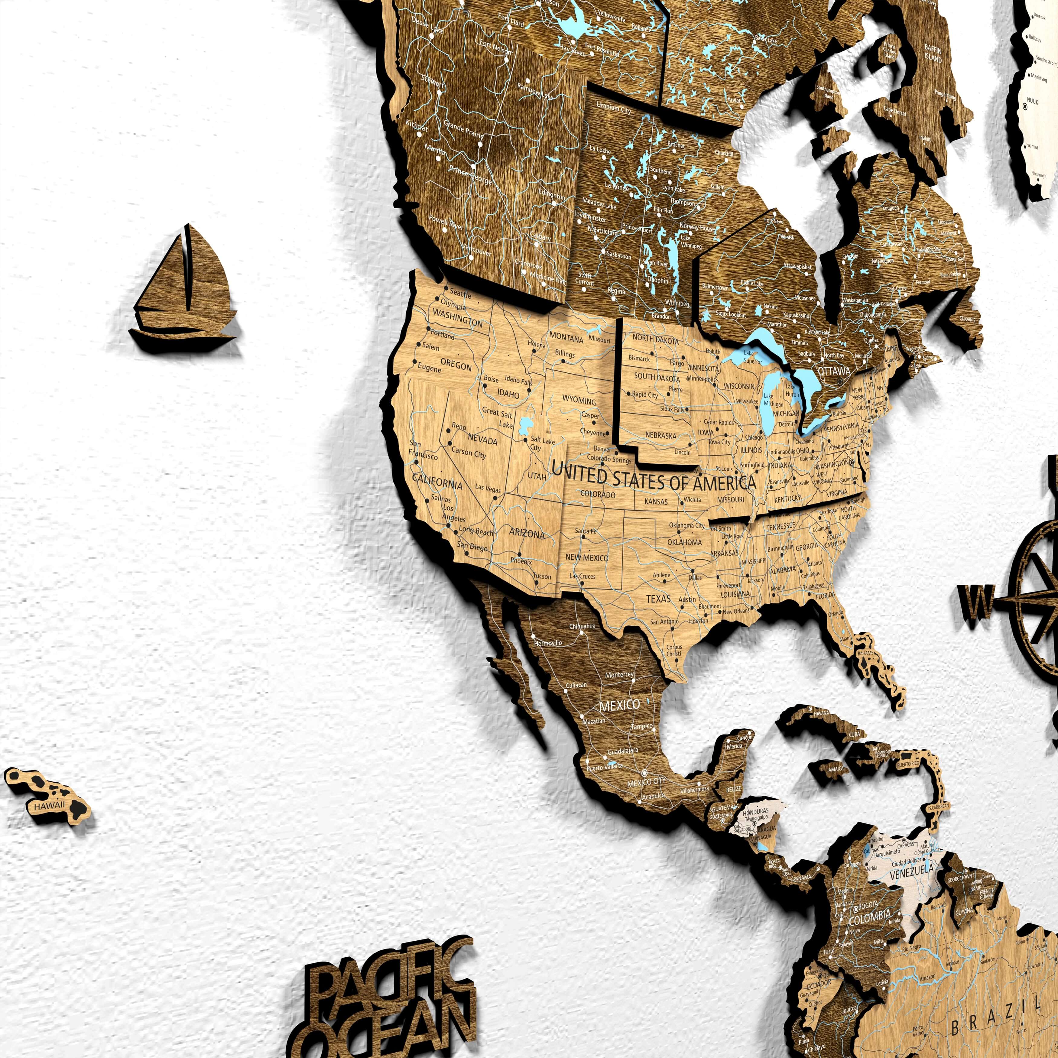 3D Wood world map wall decor featuring detailed cutouts of North America and surrounding countries.