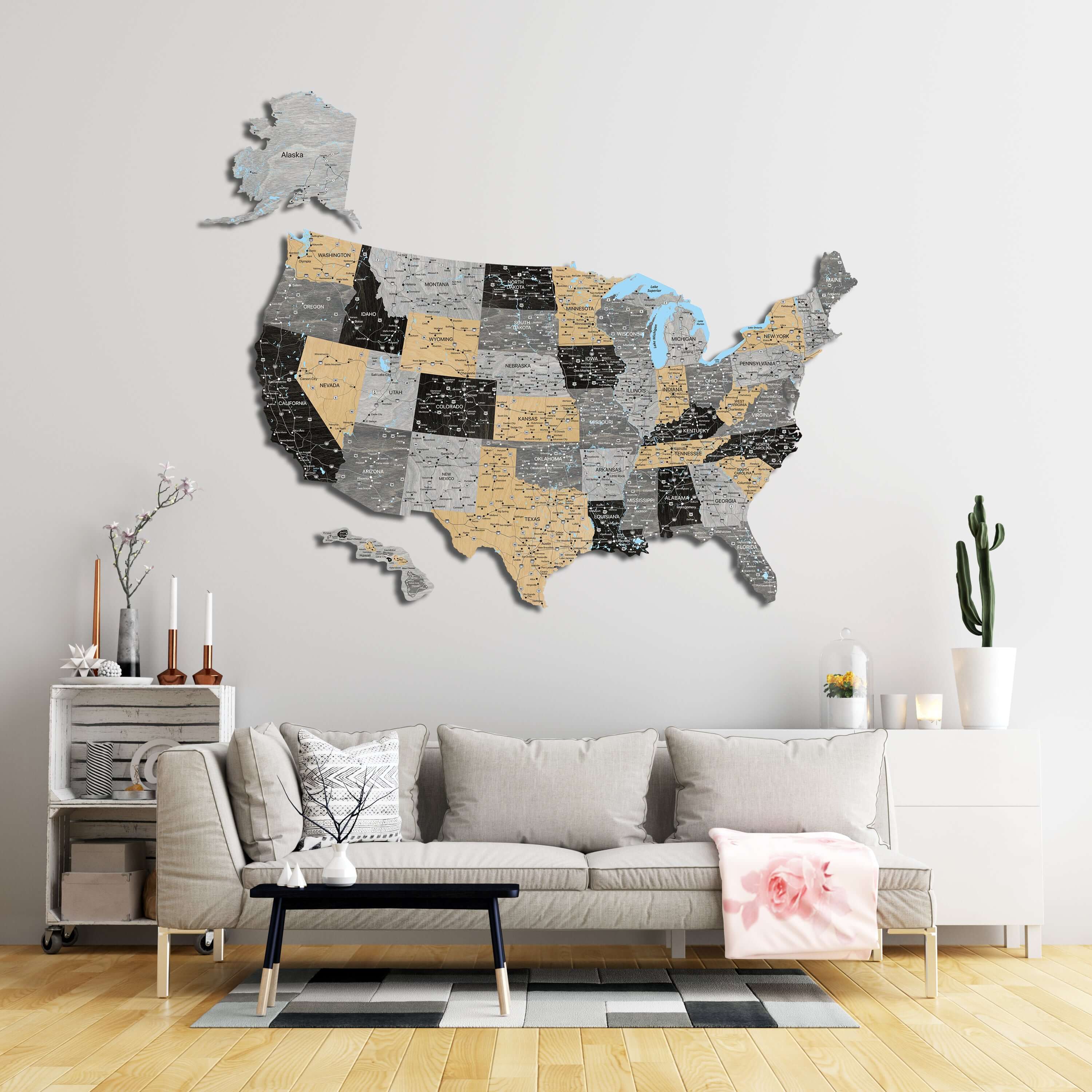 a living room with a couch and a map of the united states