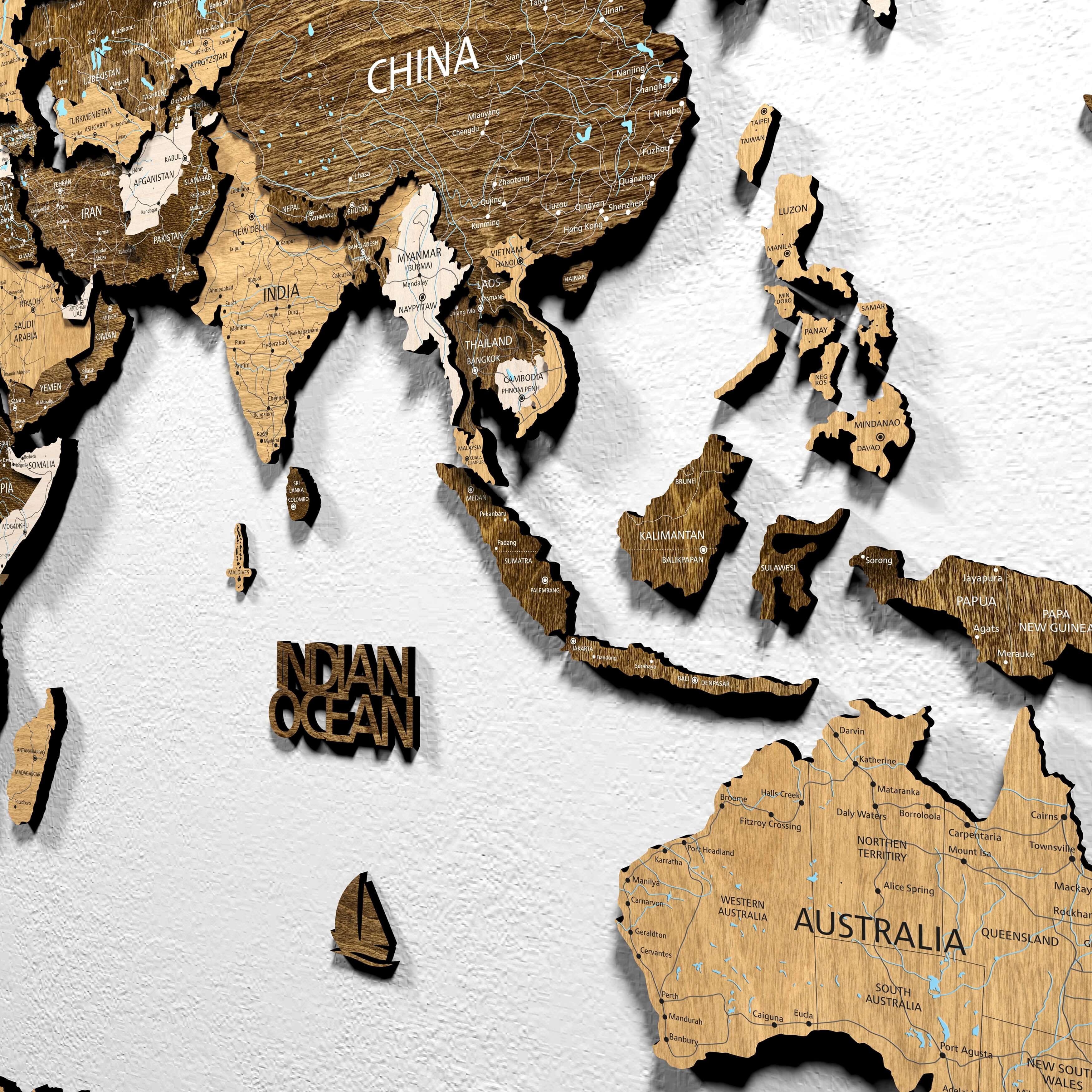 3D Wood world map wall decor showing China, Australia, and Indian Ocean details in oak wood design.
