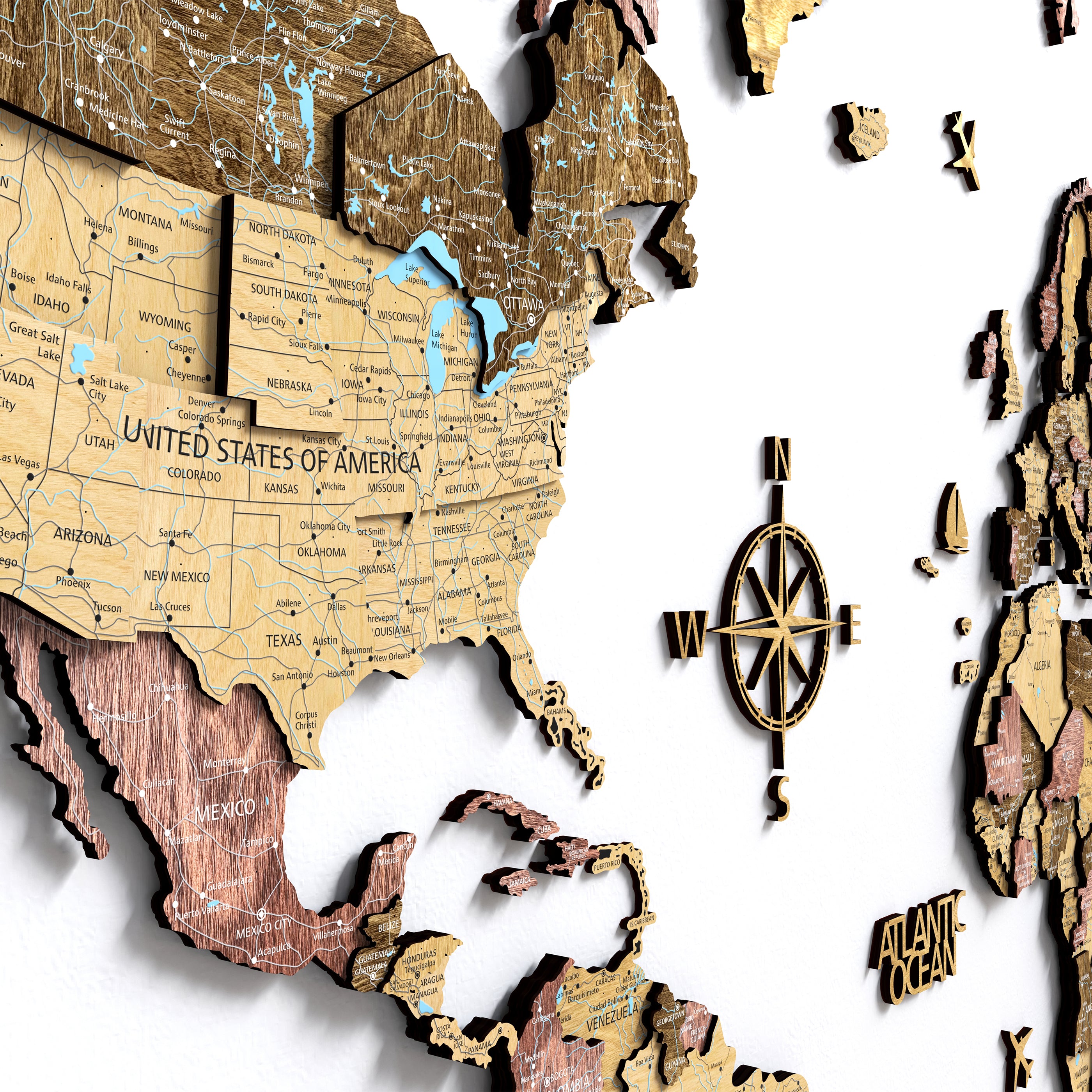 3D Wood world map wall decor featuring detailed countries and a compass design.