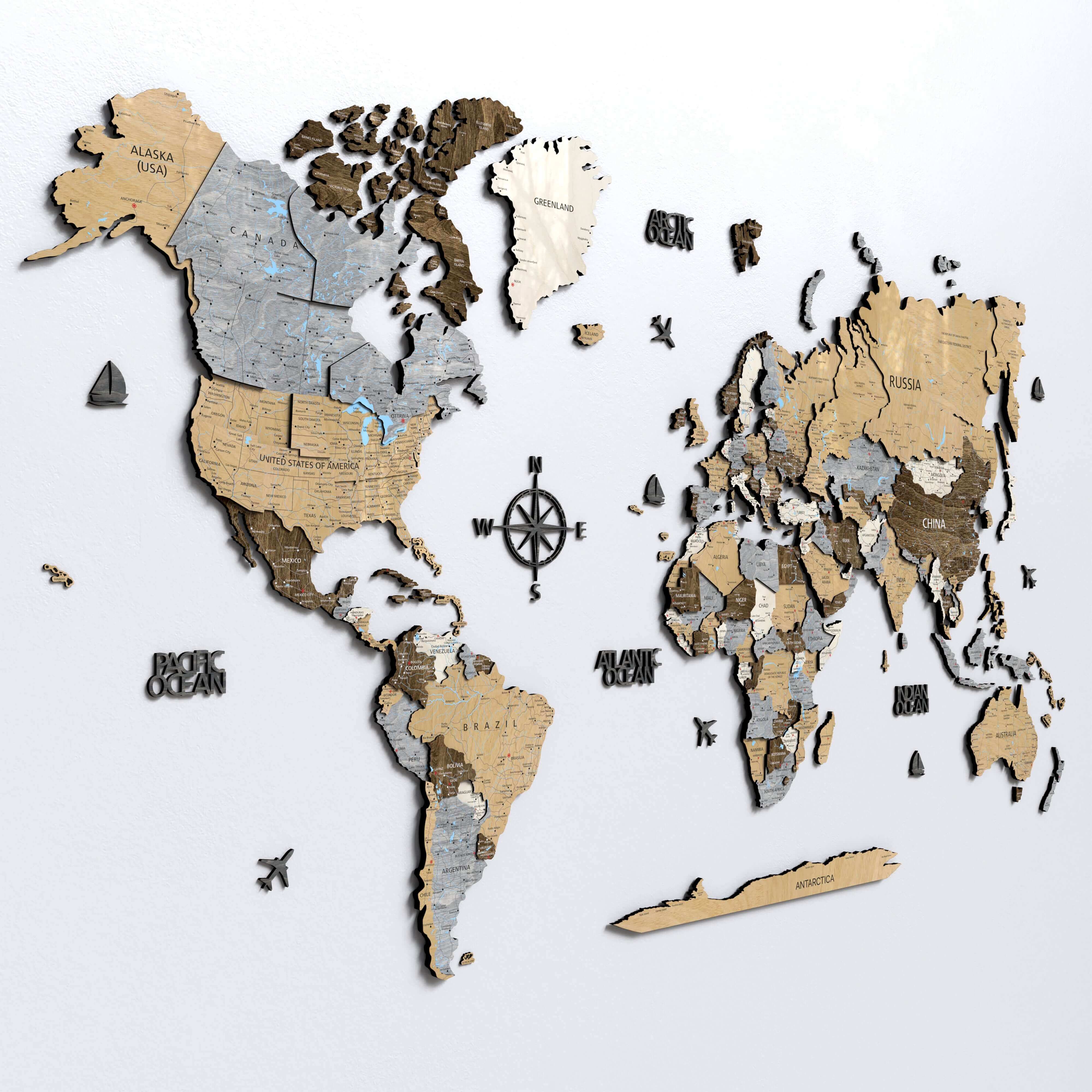 Wood World Map - Light Walnut wall art showcasing intricate wooden continents and countries.