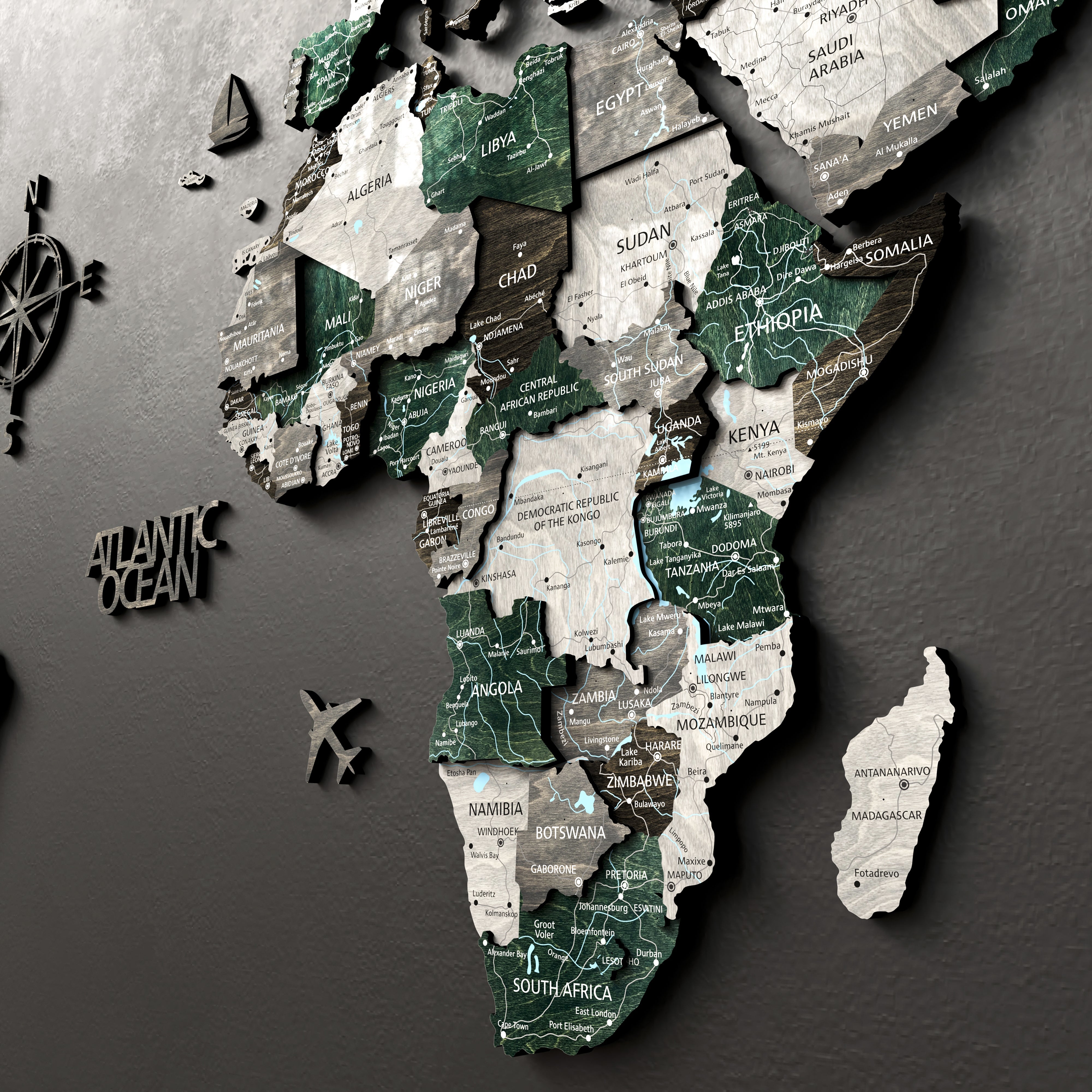 3D Wood Map Decor of Africa in Evergreen, showcasing country details and textures for unique wall art.