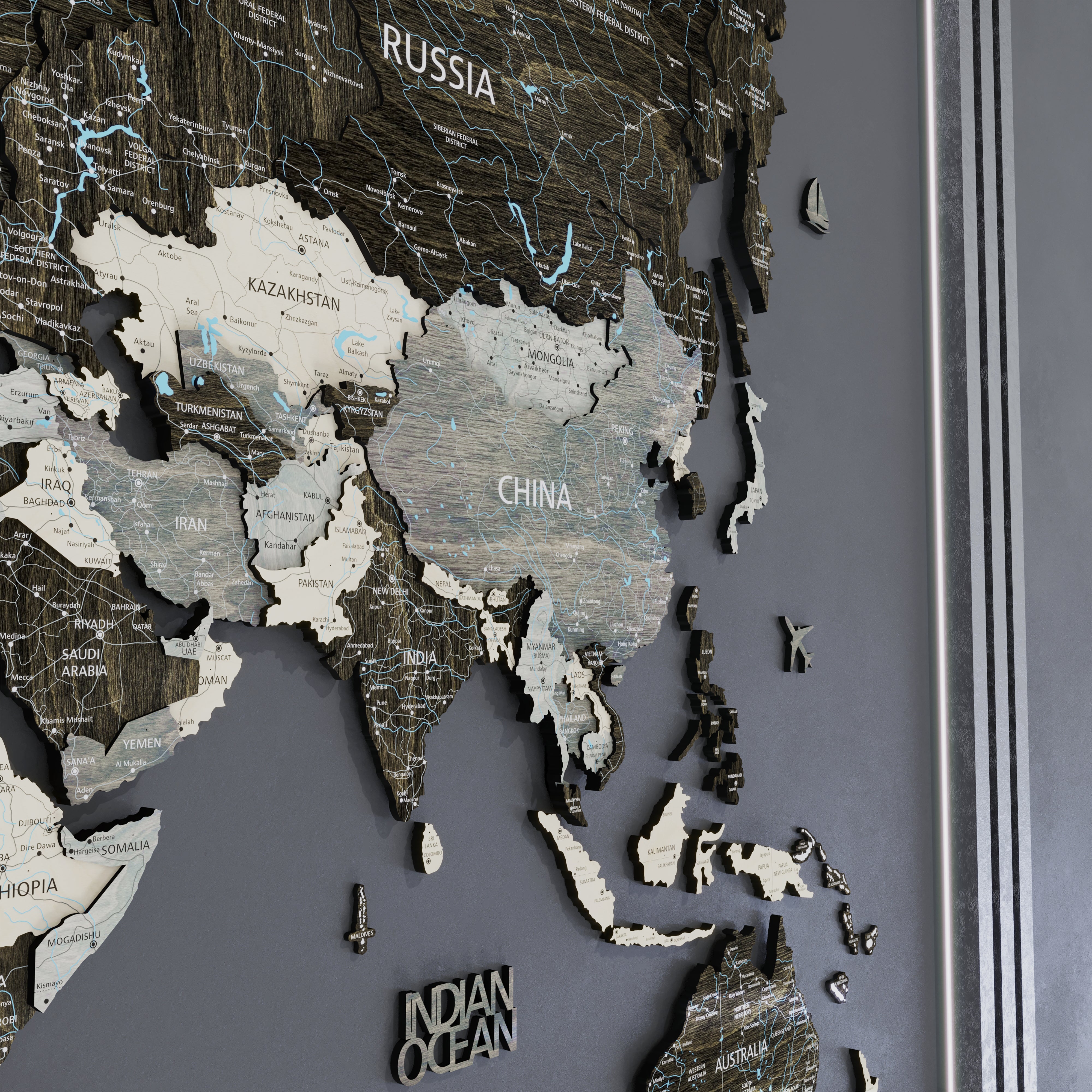 3D wood world map showcasing detailed regions of Asia, including China, with a black loft style design.