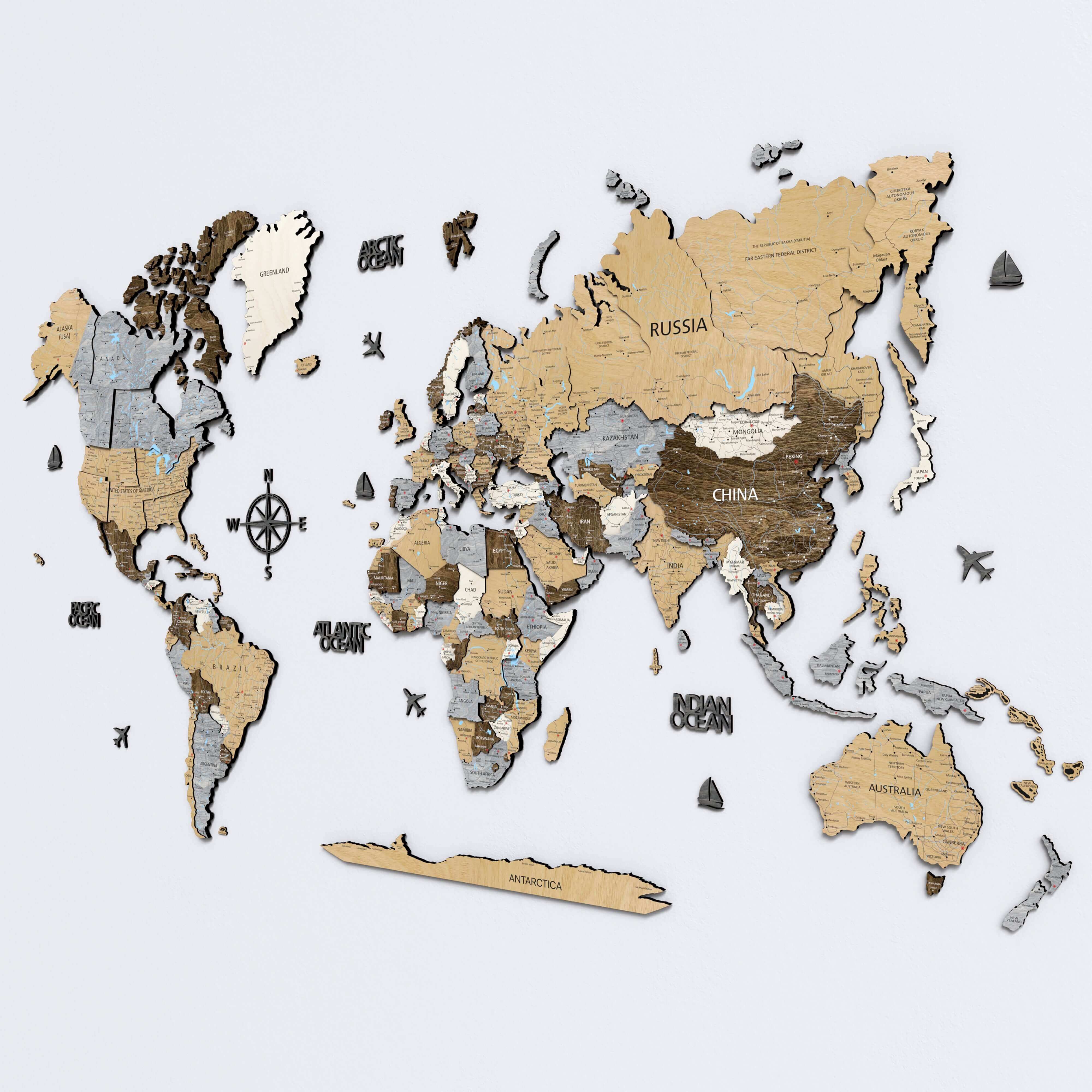 Wood World Map in light walnut design, displaying continents and countries with intricate detailing.