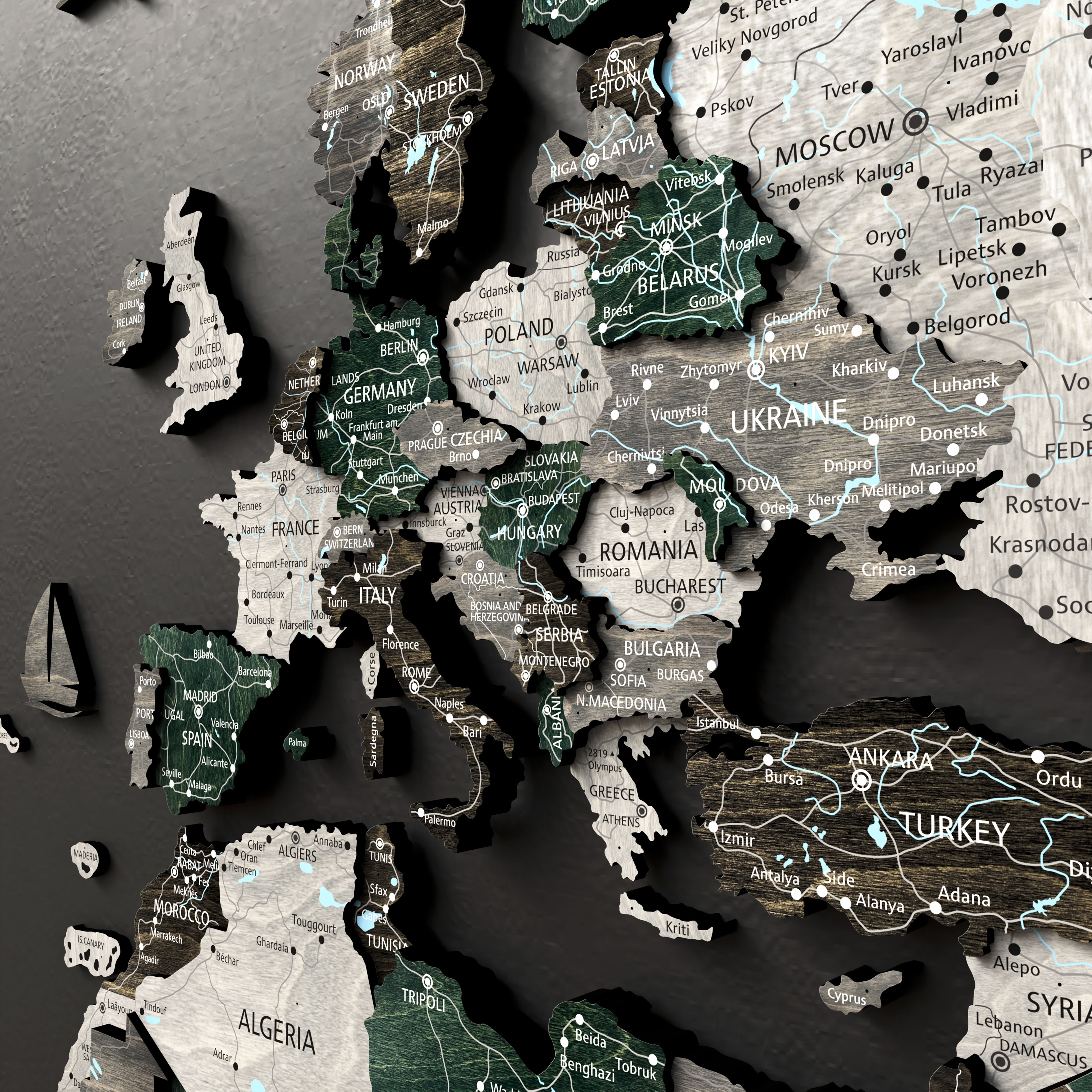 3D wooden wall art of Europe with detailed country names and artistic design, perfect for home decor.
