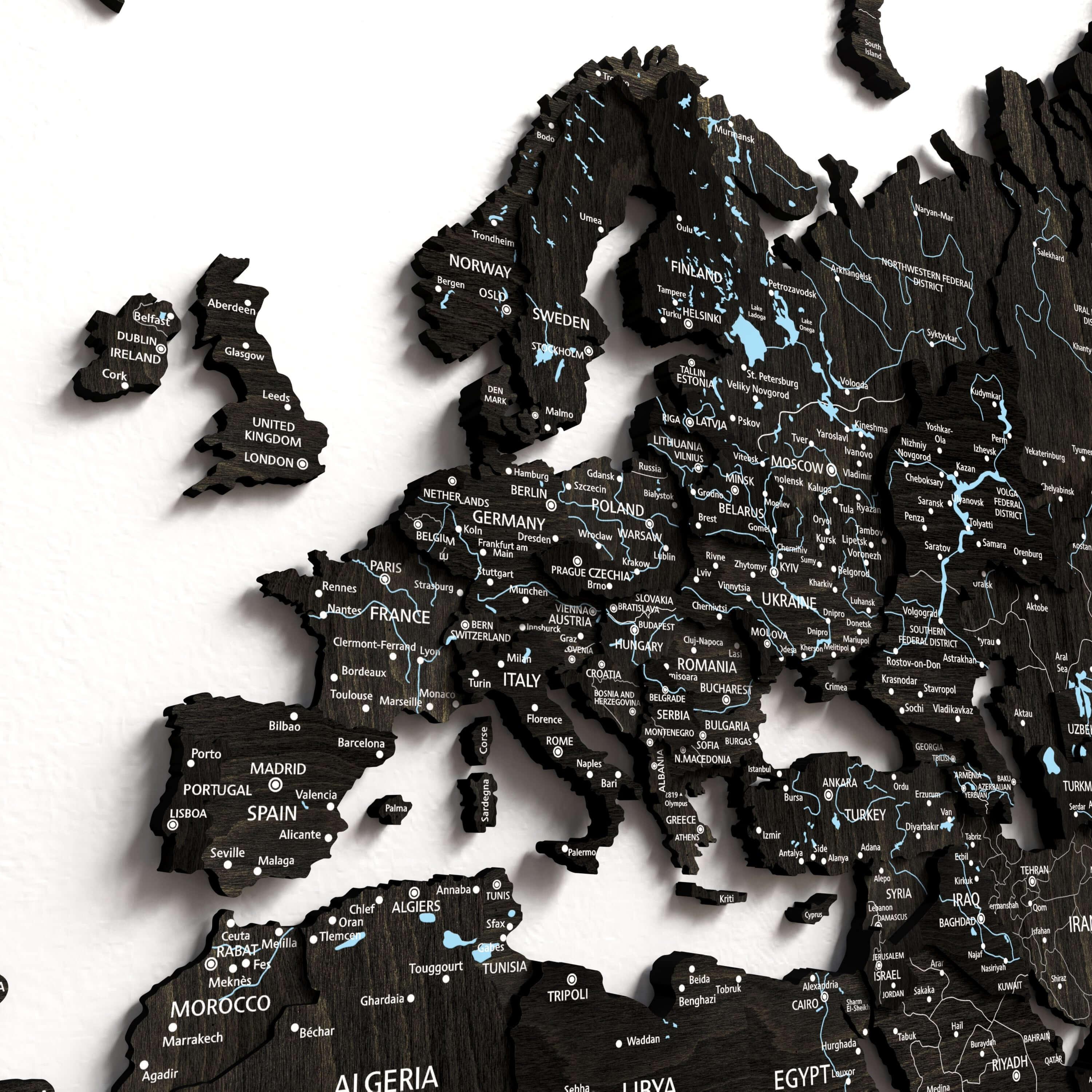 Black Wood World Map showing detailed European countries and cities in stylish black wood design.