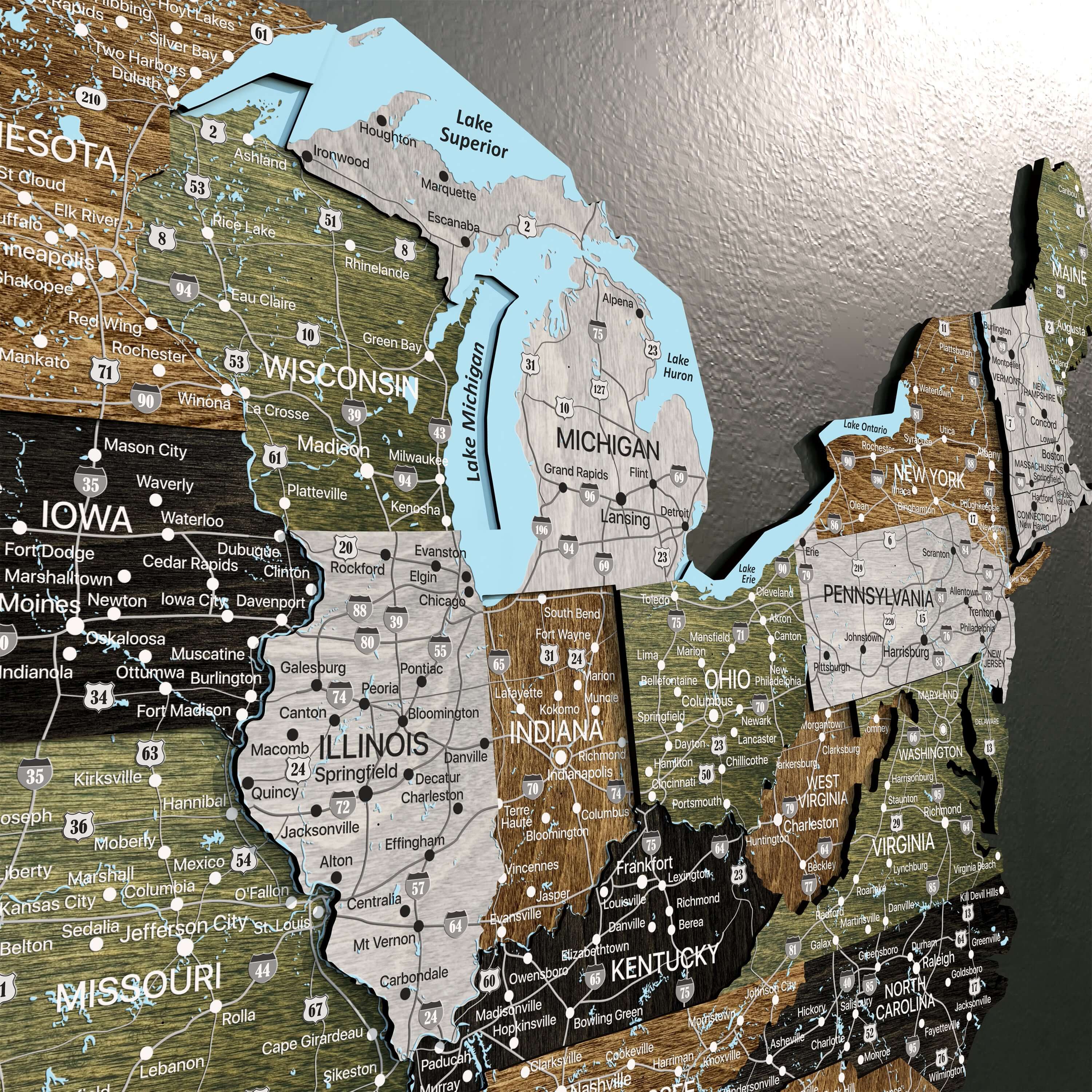 Detailed 3D wooden map of the Midwest USA, featuring states like Michigan, Wisconsin, and Illinois in rustic style.