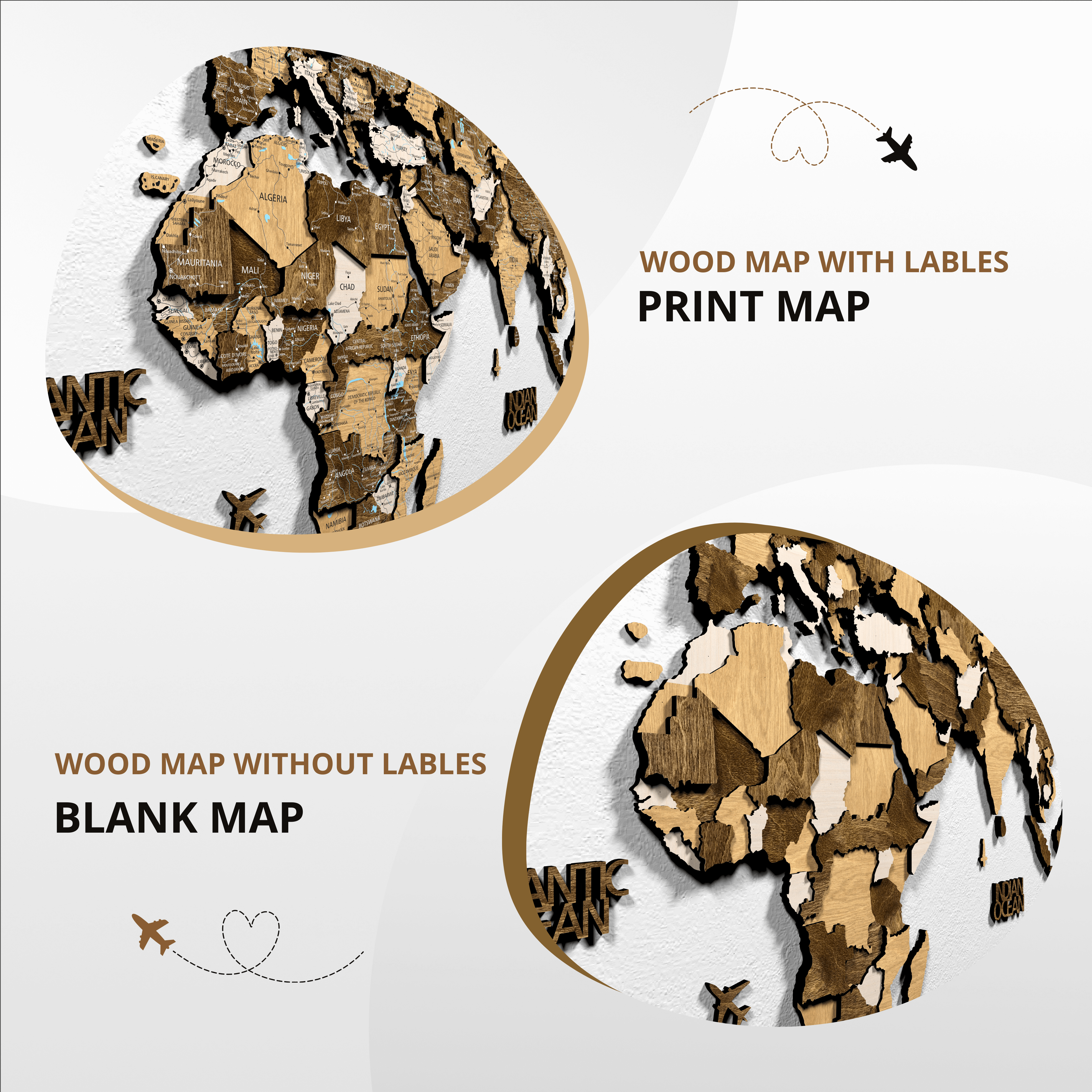 3D Wood world map wall decor featuring print and blank options in oak wood design.