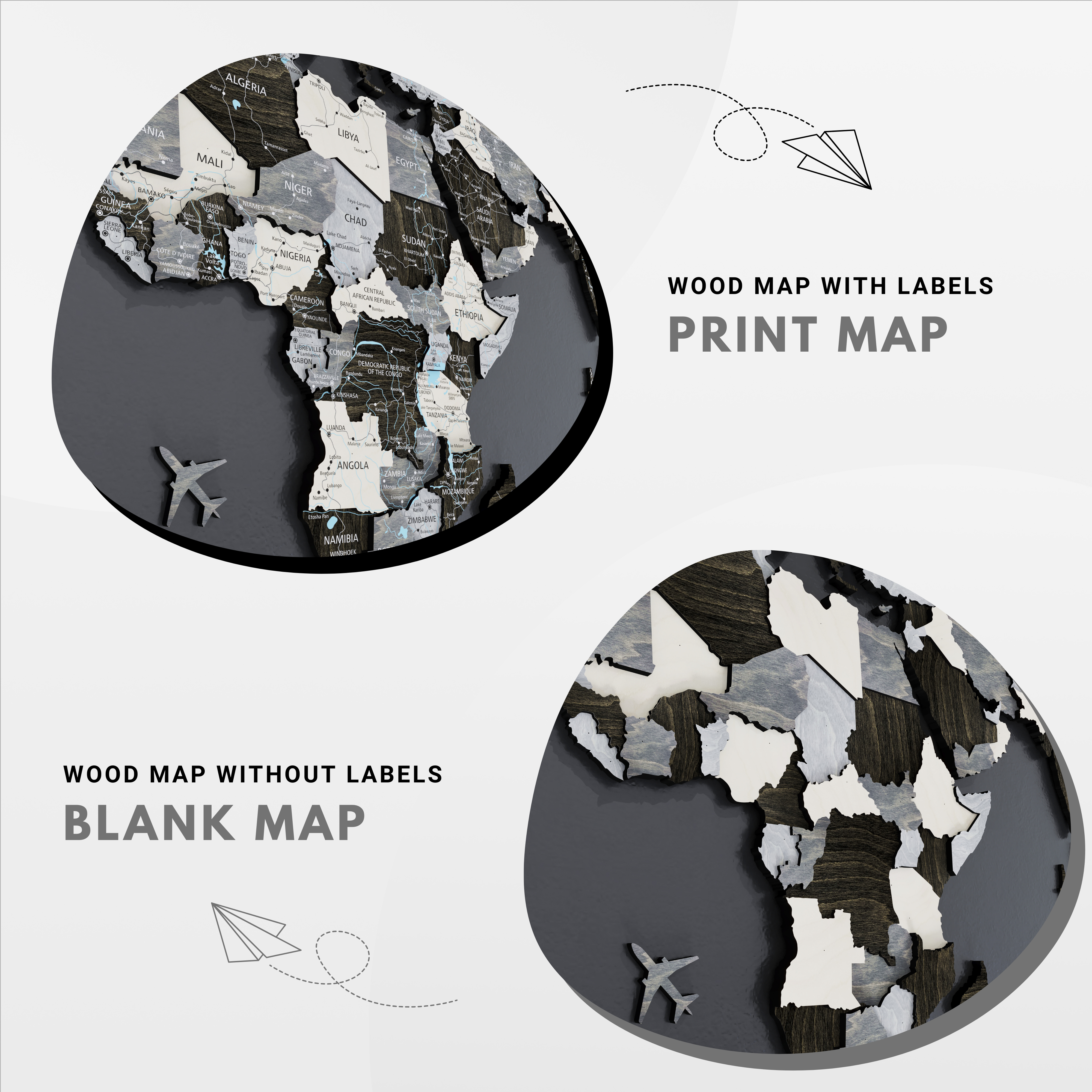 3D wood world map comparison showing labeled print map and blank map options in modern design.