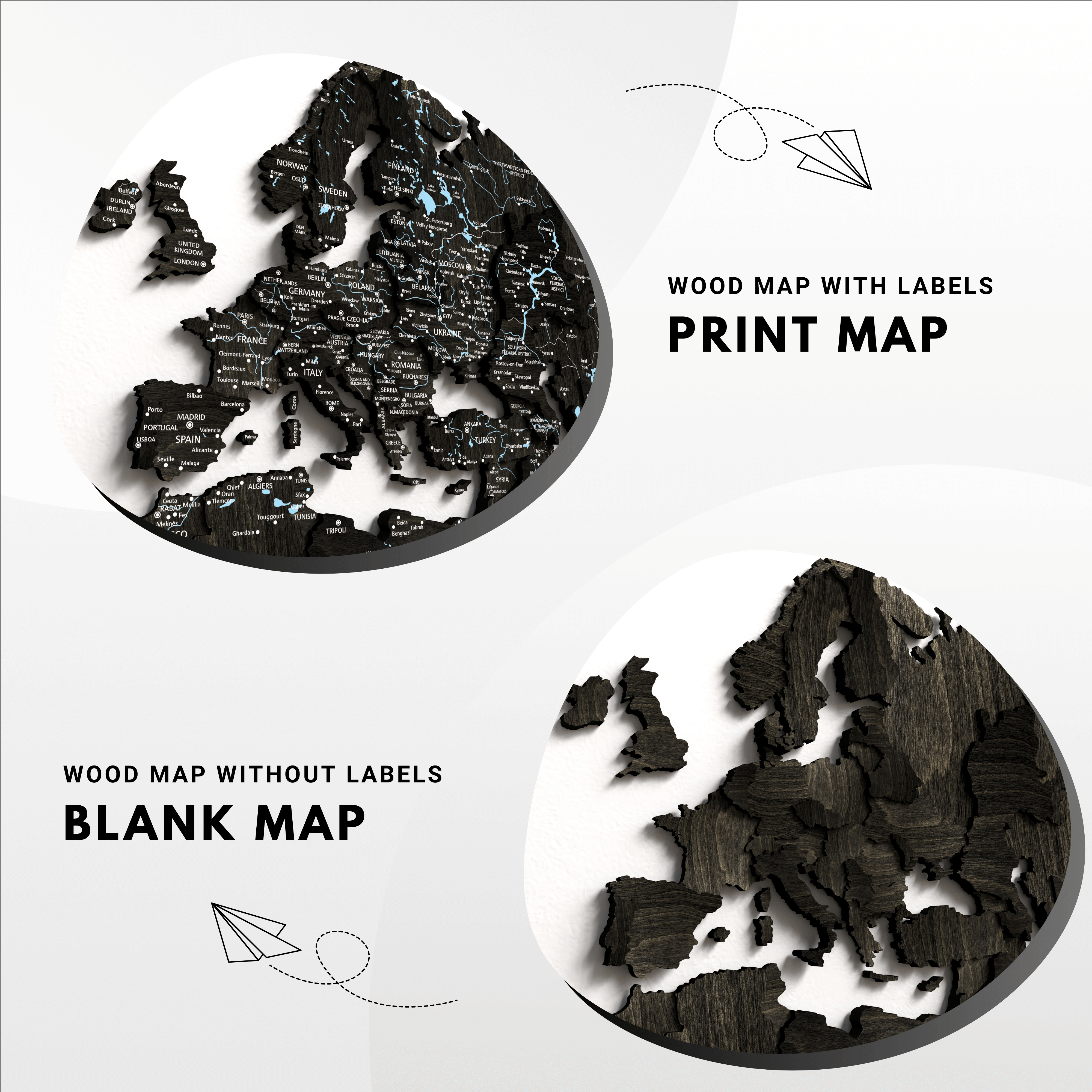 Black Wood World Map featuring labeled and blank designs, ideal for home decor and travel enthusiasts.