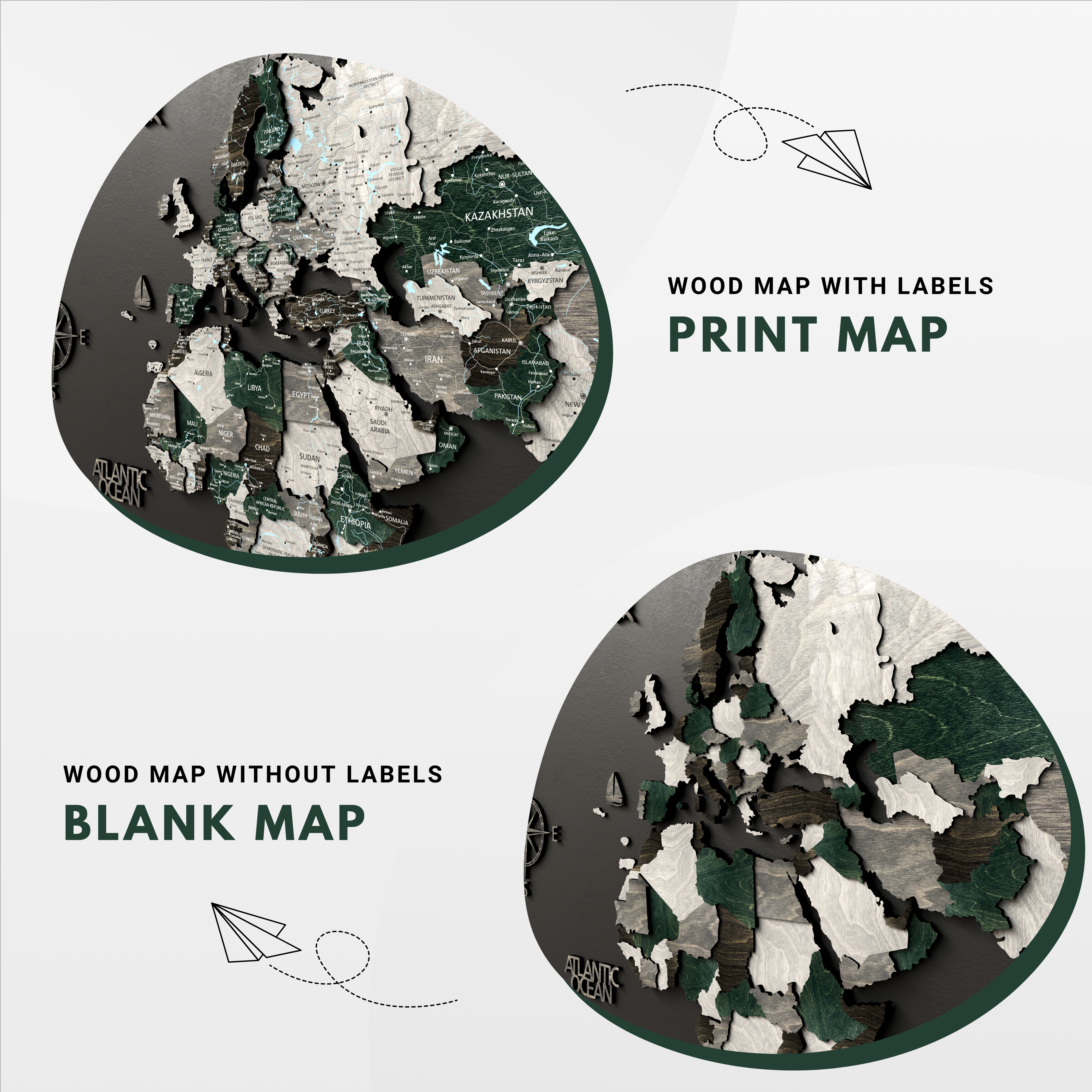 3D wood world maps showing labeled and unlabeled versions, perfect decor for travel lovers.