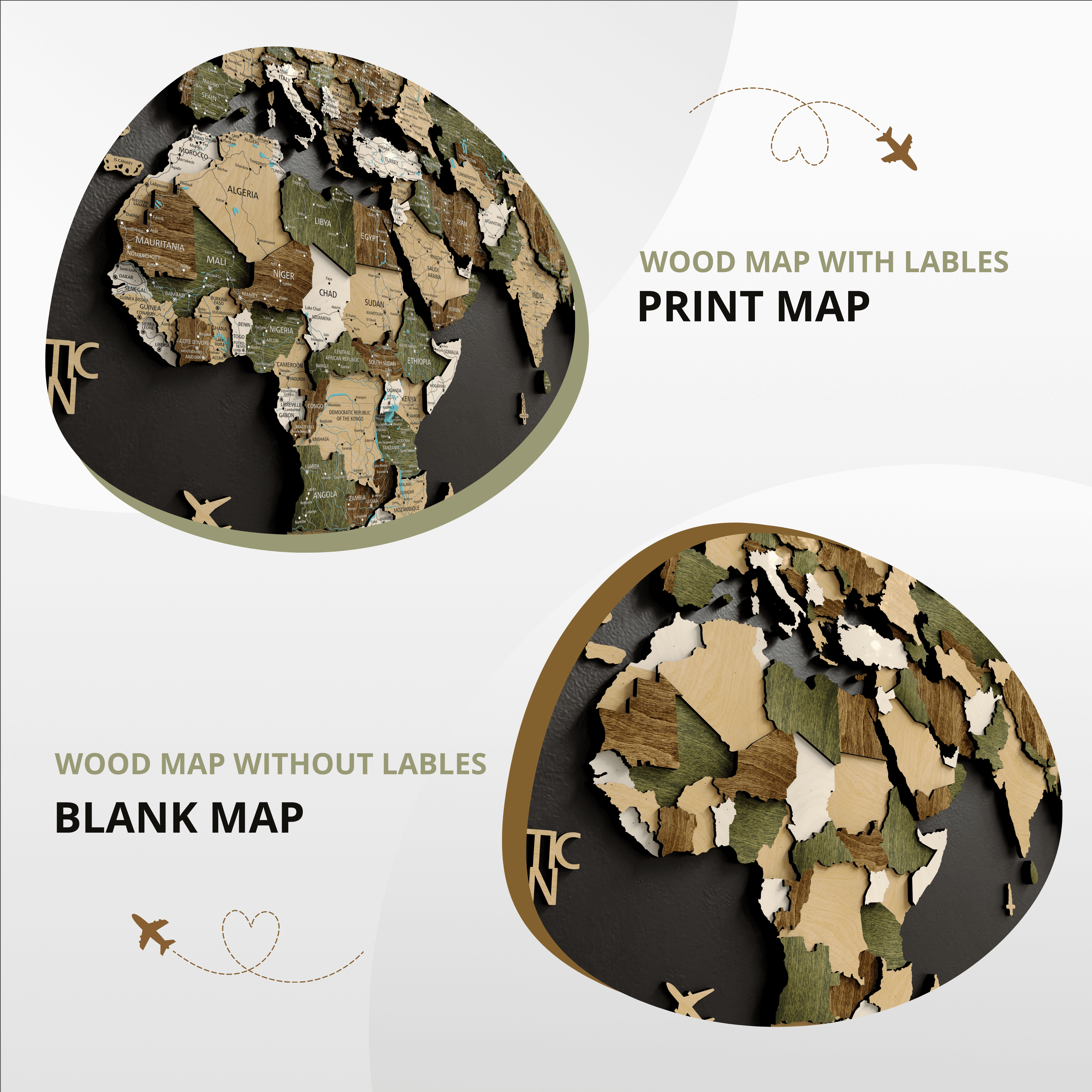 3D wooden world map with labels and blank version, showcasing Scandi style wall decor perfect for travel enthusiasts.